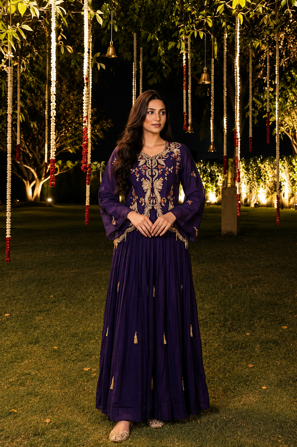 Dark Purple Embellished Crepe Silk Skirt Set