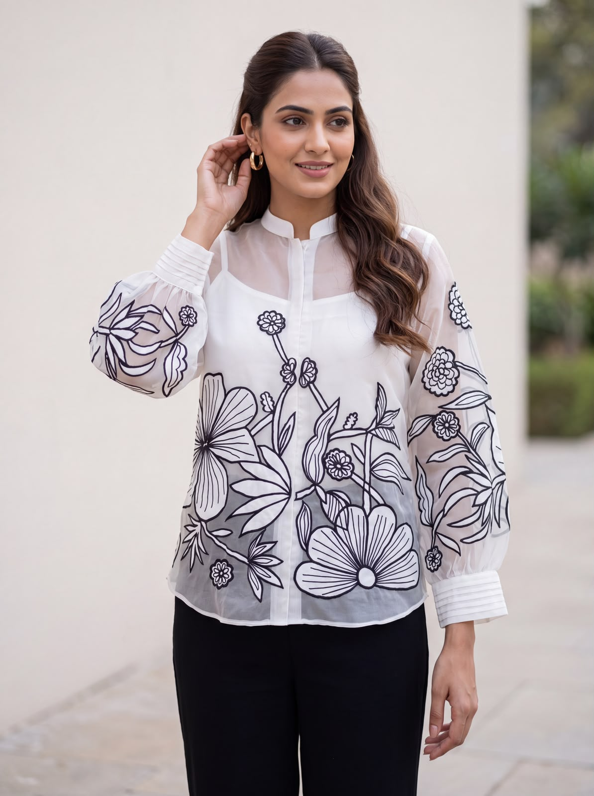White Embroidered Organza Silk Shirt