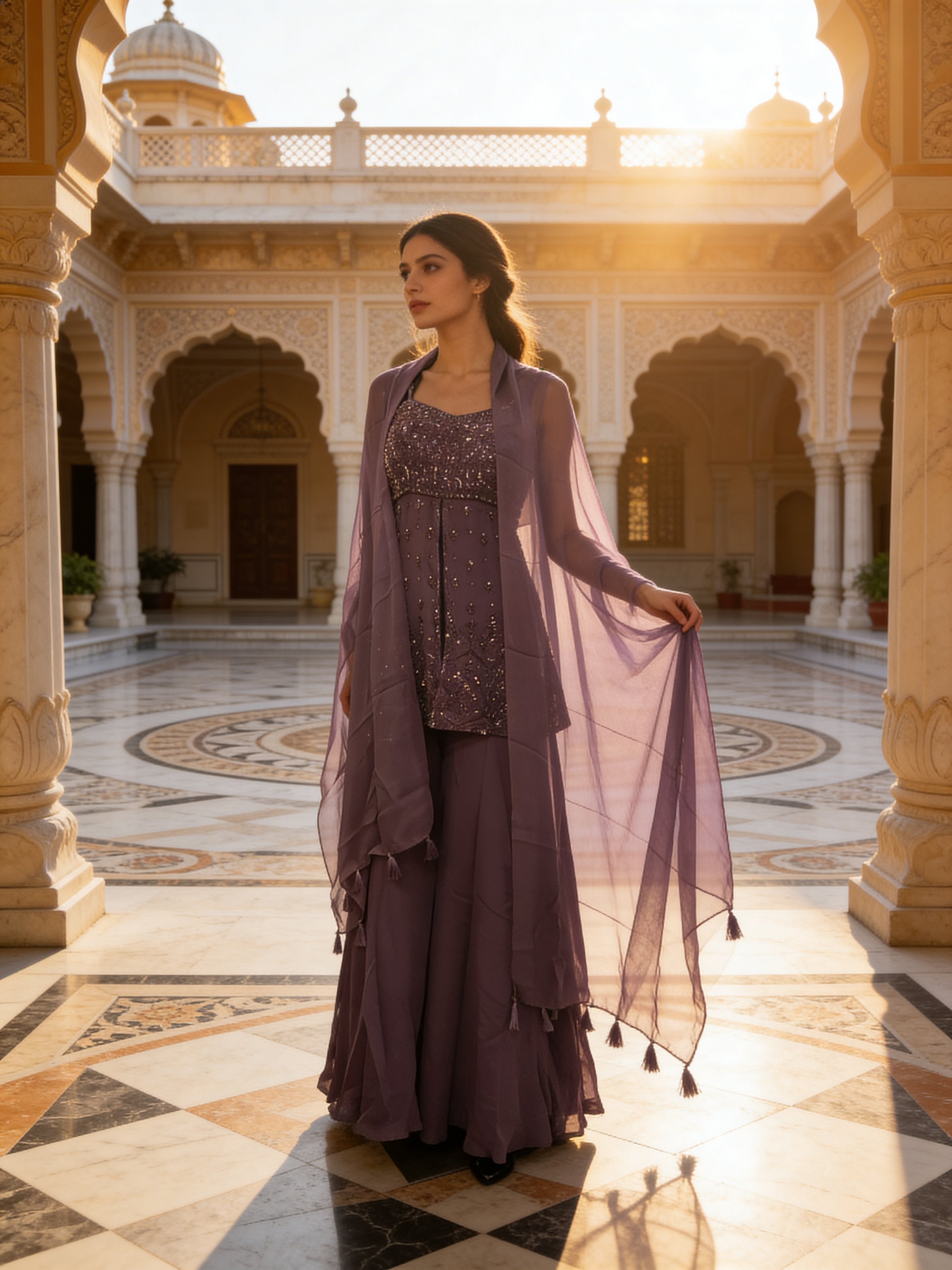 Dusty Mauve Embellished Georgette Silk Palazzo Set