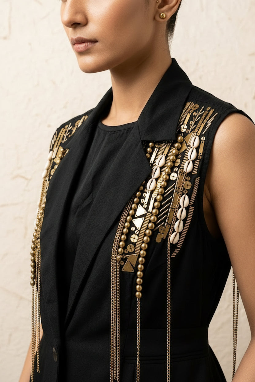 Regal Black Embellished Crepe Satin Silk Gown