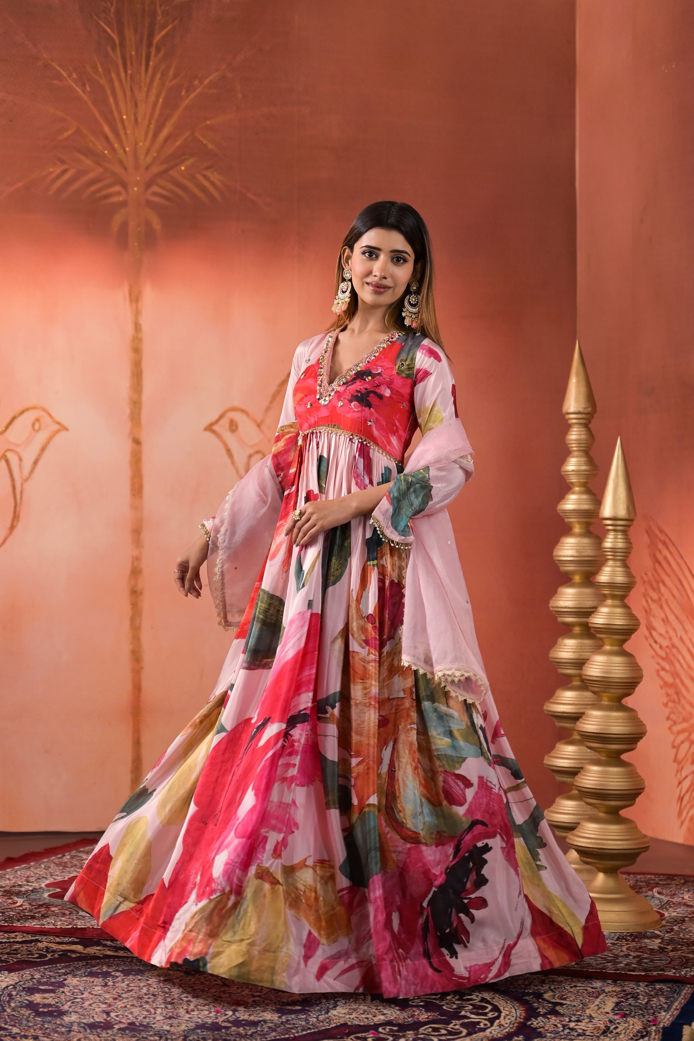 Baby Pink Floral Printed Anarkali Set