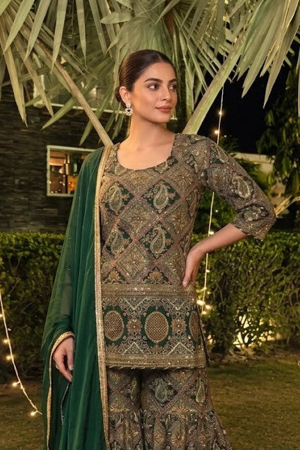 Emerald Green Embellished Crepe Silk Sharara Set