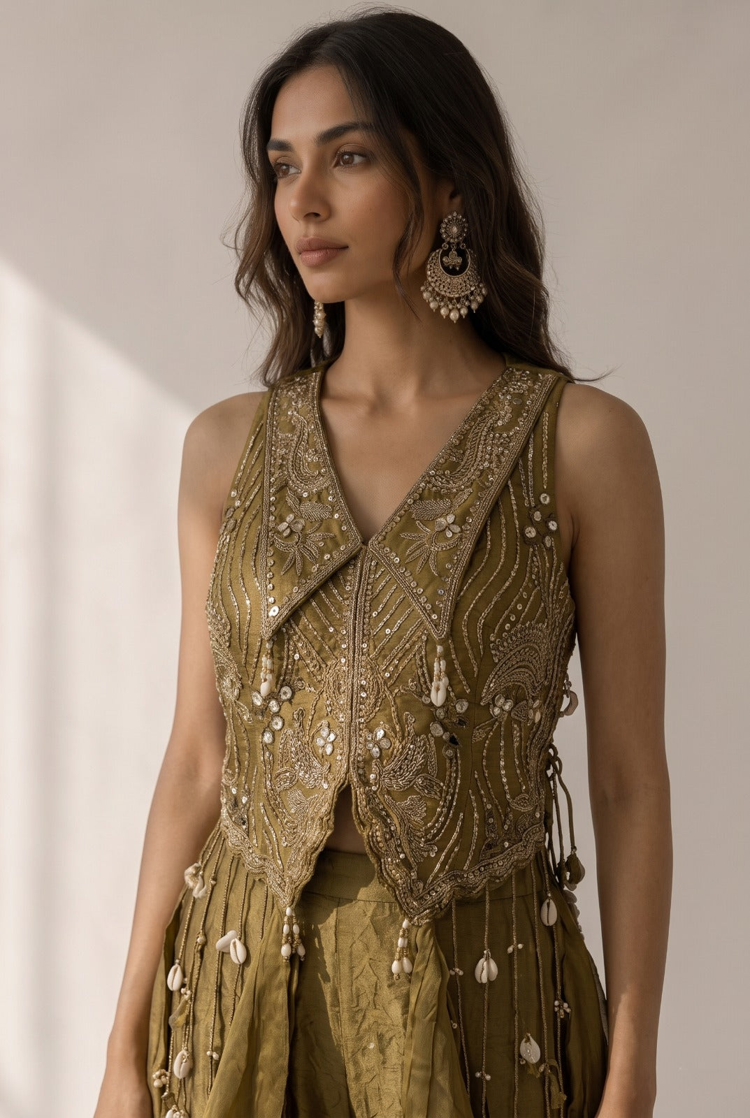 Antique Olive Embellished Organza Silk Palazzo Set