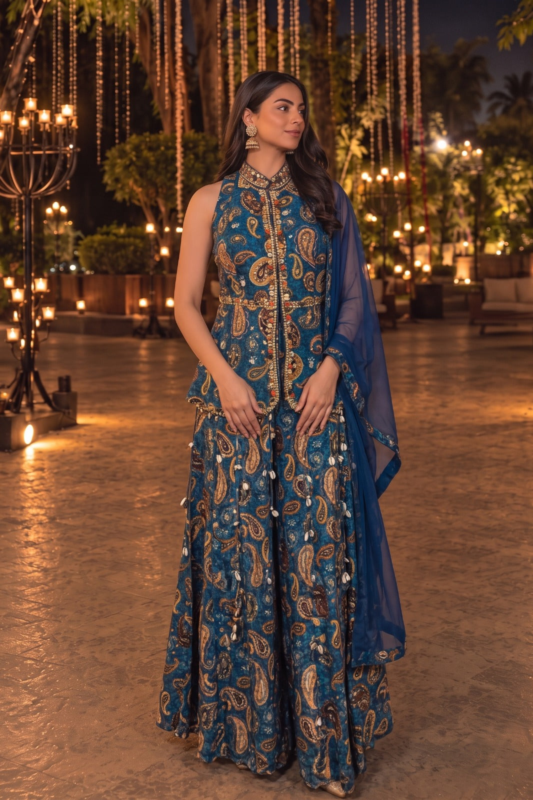 Ocean Blue Embellished Crepe Silk Palazzo Set