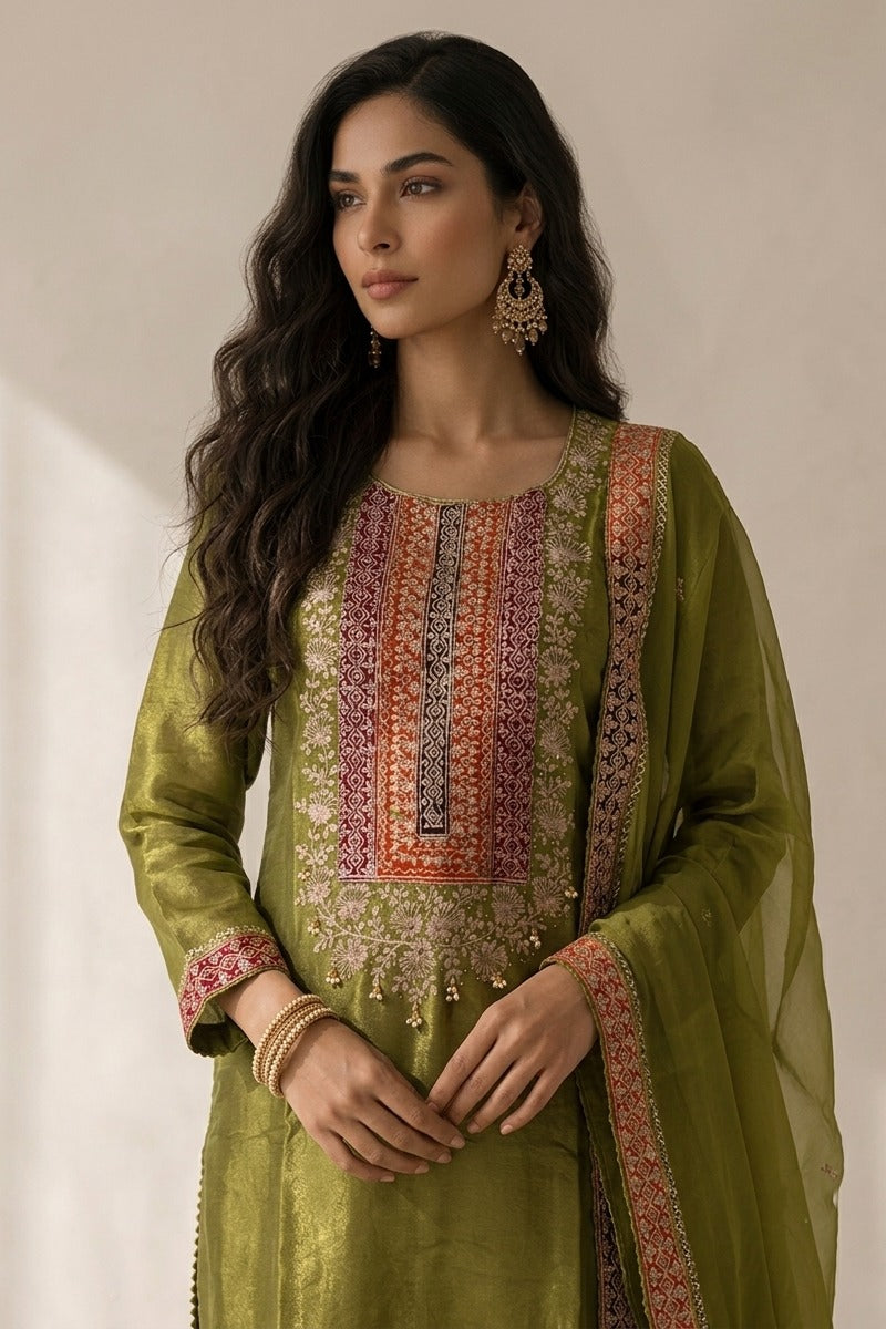 Fern Green Embellished Shimmer Tissue Silk Salwar Set