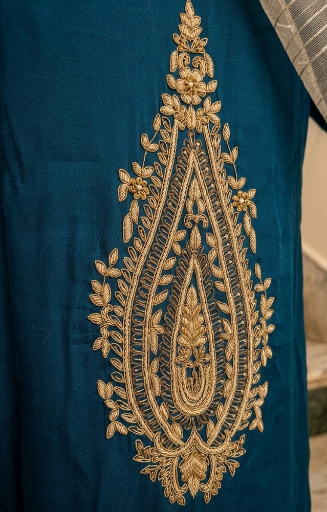 Lagoon Blue Embroidered Crepe Silk Pant Set
