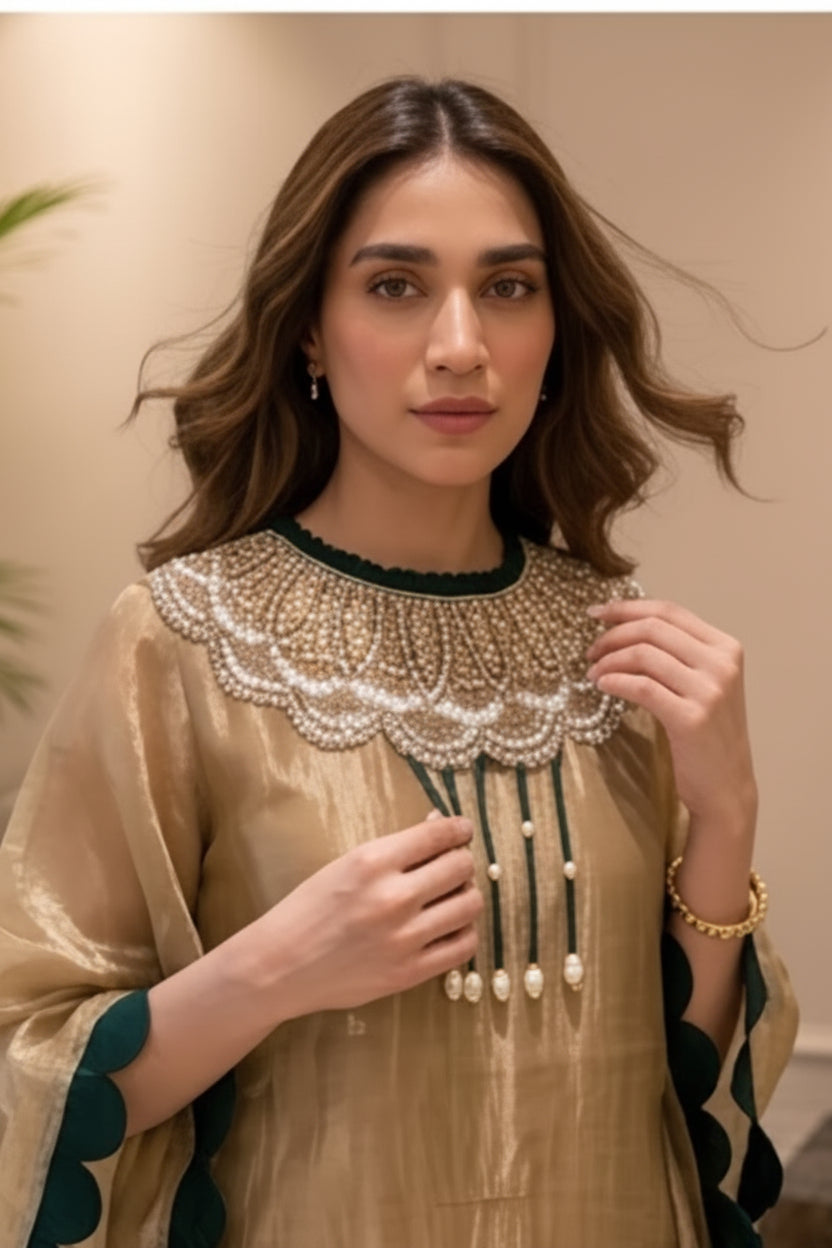 Jade Shine Embellished Shimmer Tissue Silk Kaftan Set