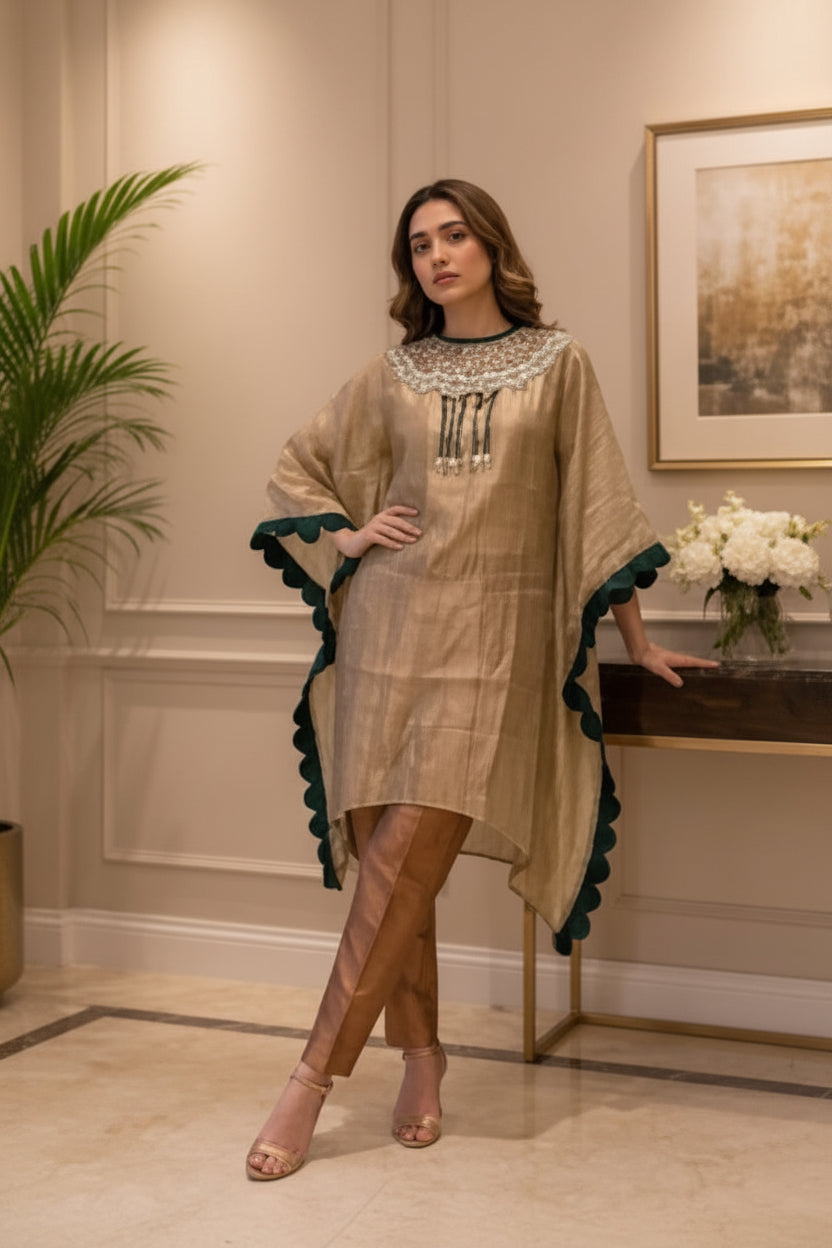 Jade Shine Embellished Shimmer Tissue Silk Kaftan Set