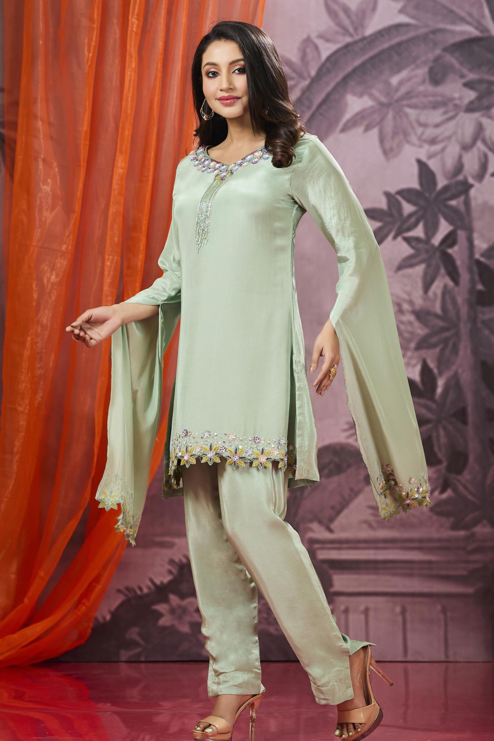 Pastel Green Embellished Satin Silk Pants Set