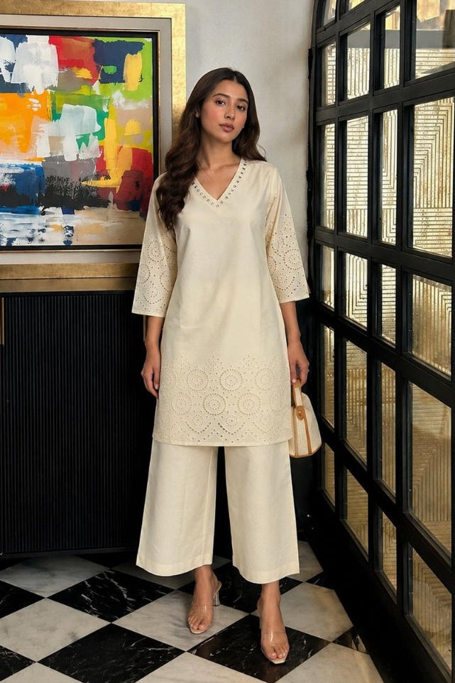 Ivory Schiffli Cotton Co-Ord Set