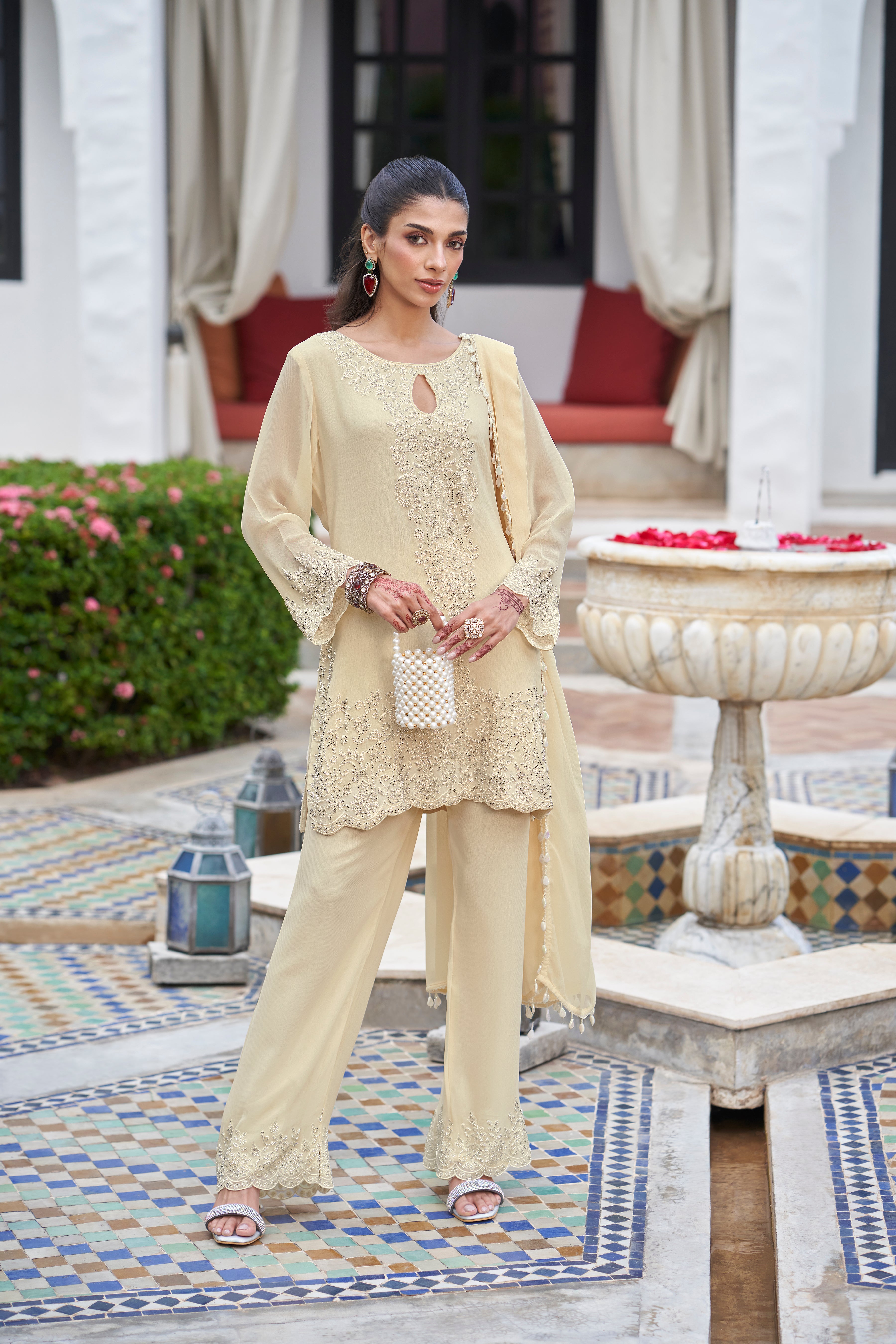 Butter Cream Embellished Georgette Silk Palazzo Set