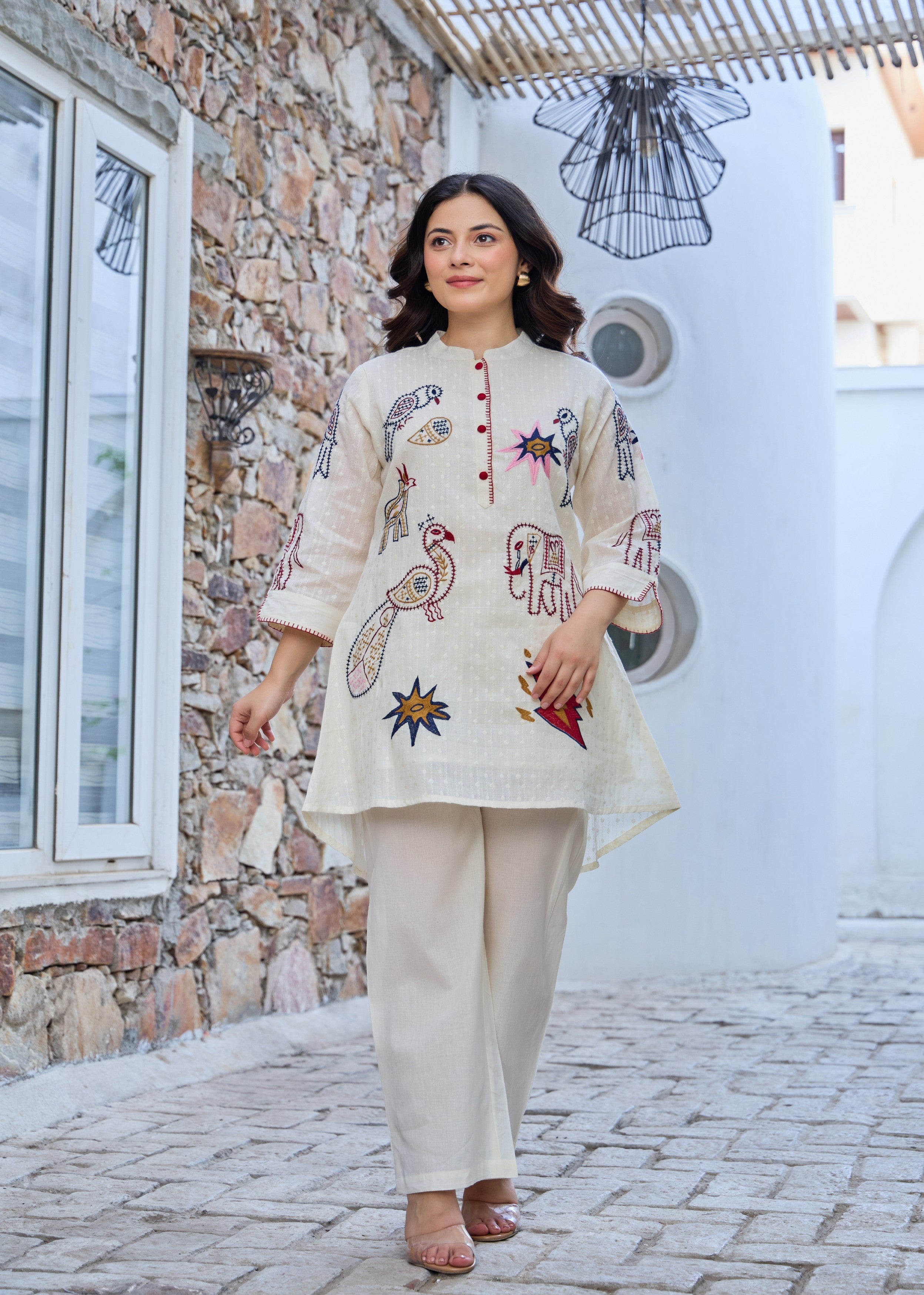 Off-White Folk Embroidered Cotton Co-Ord Set