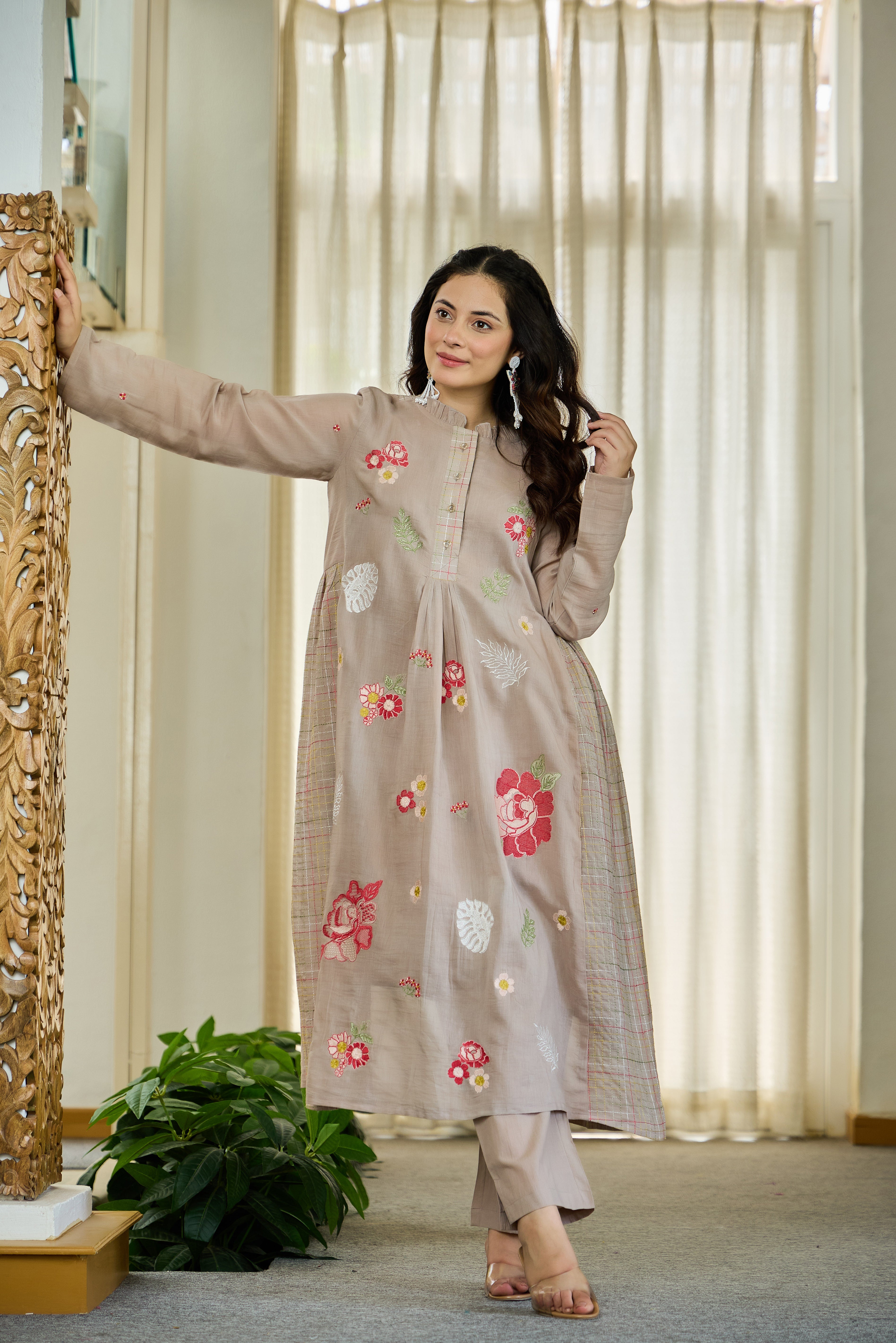 Taupe Floral Embroidered Cotton Kurta Set