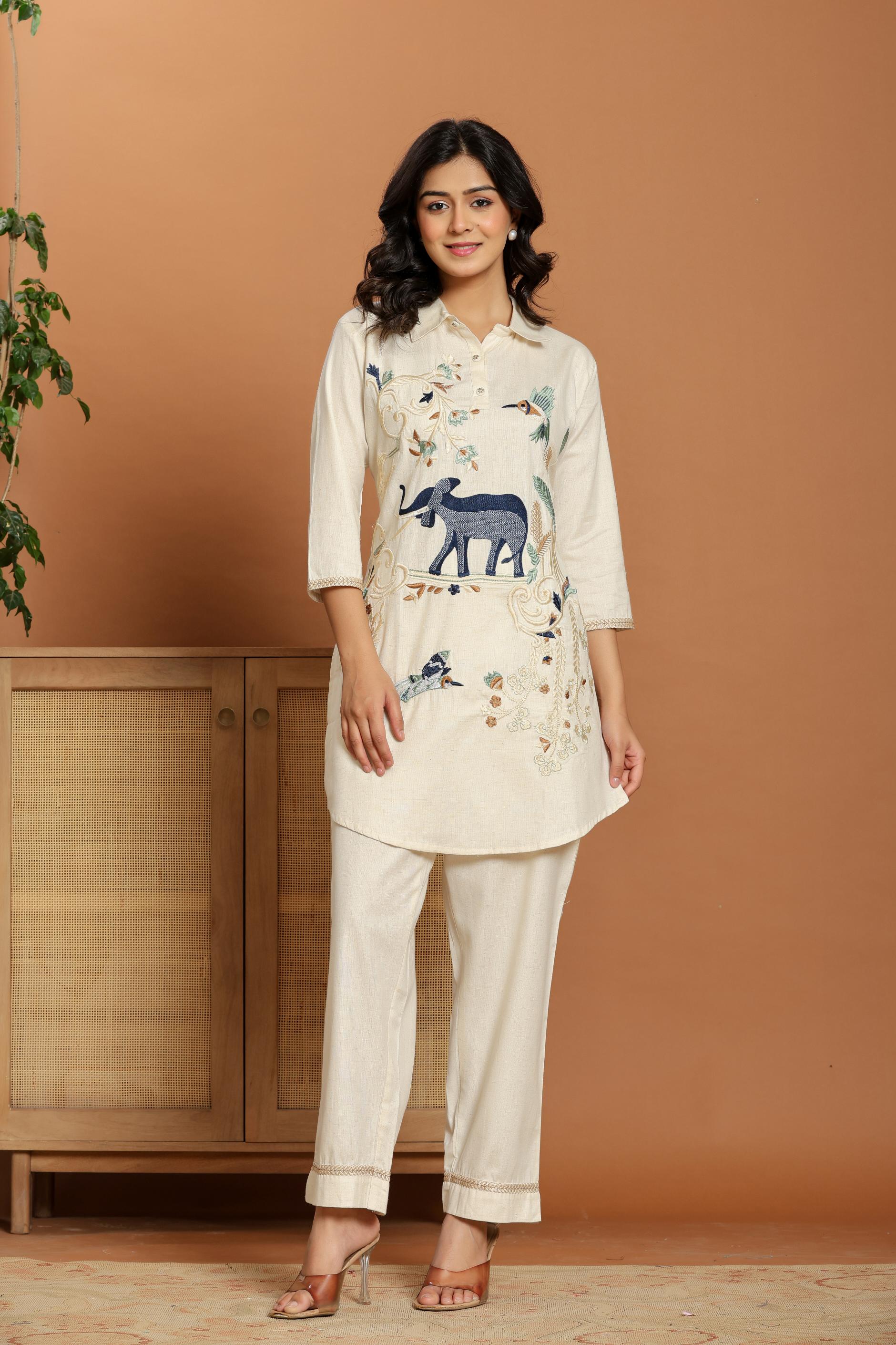 Off-White Embroidered Linen Co-Ord Set