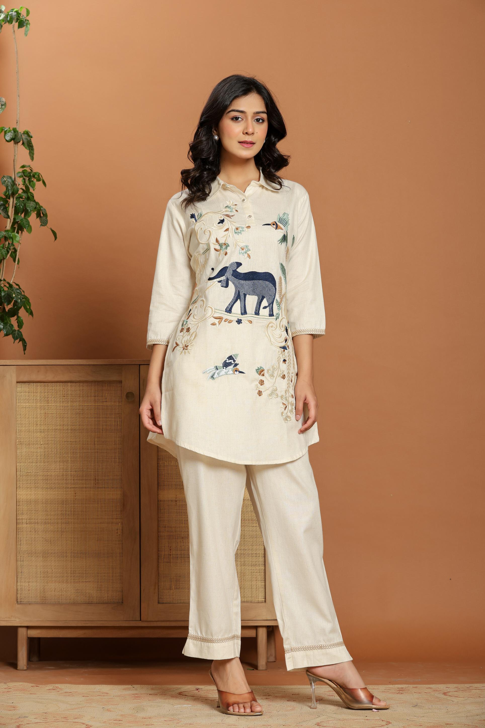 Off-White Embroidered Linen Co-Ord Set