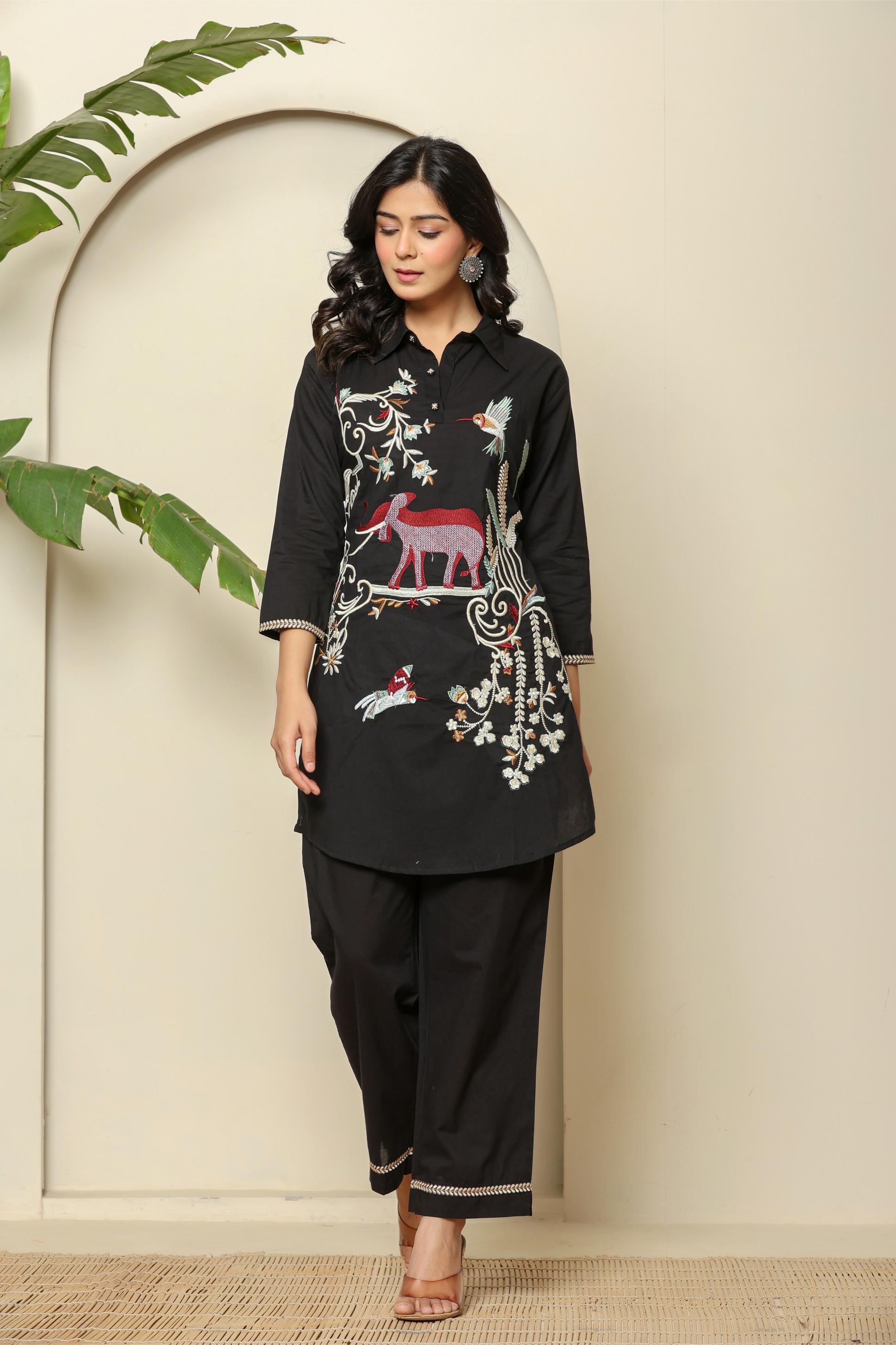 Black Embroidered Linen Co-Ord Set