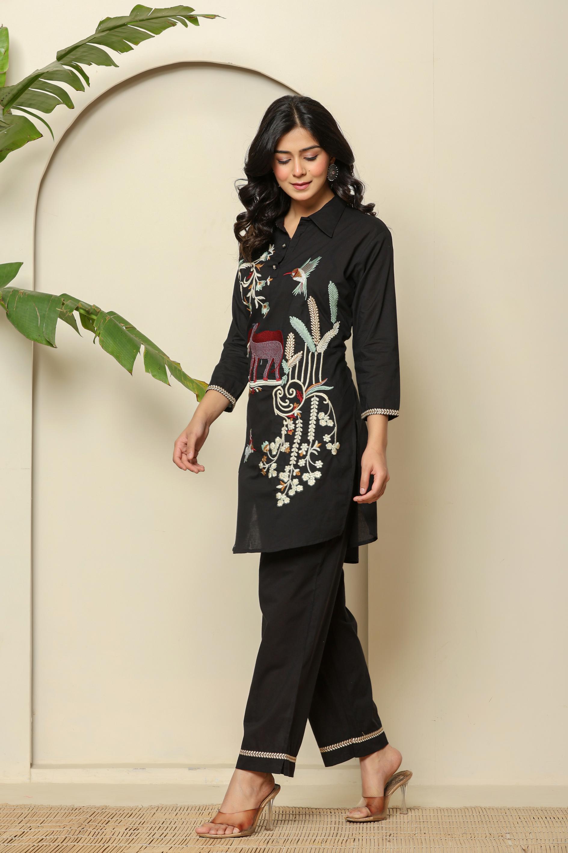 Black Embroidered Linen Co-Ord Set