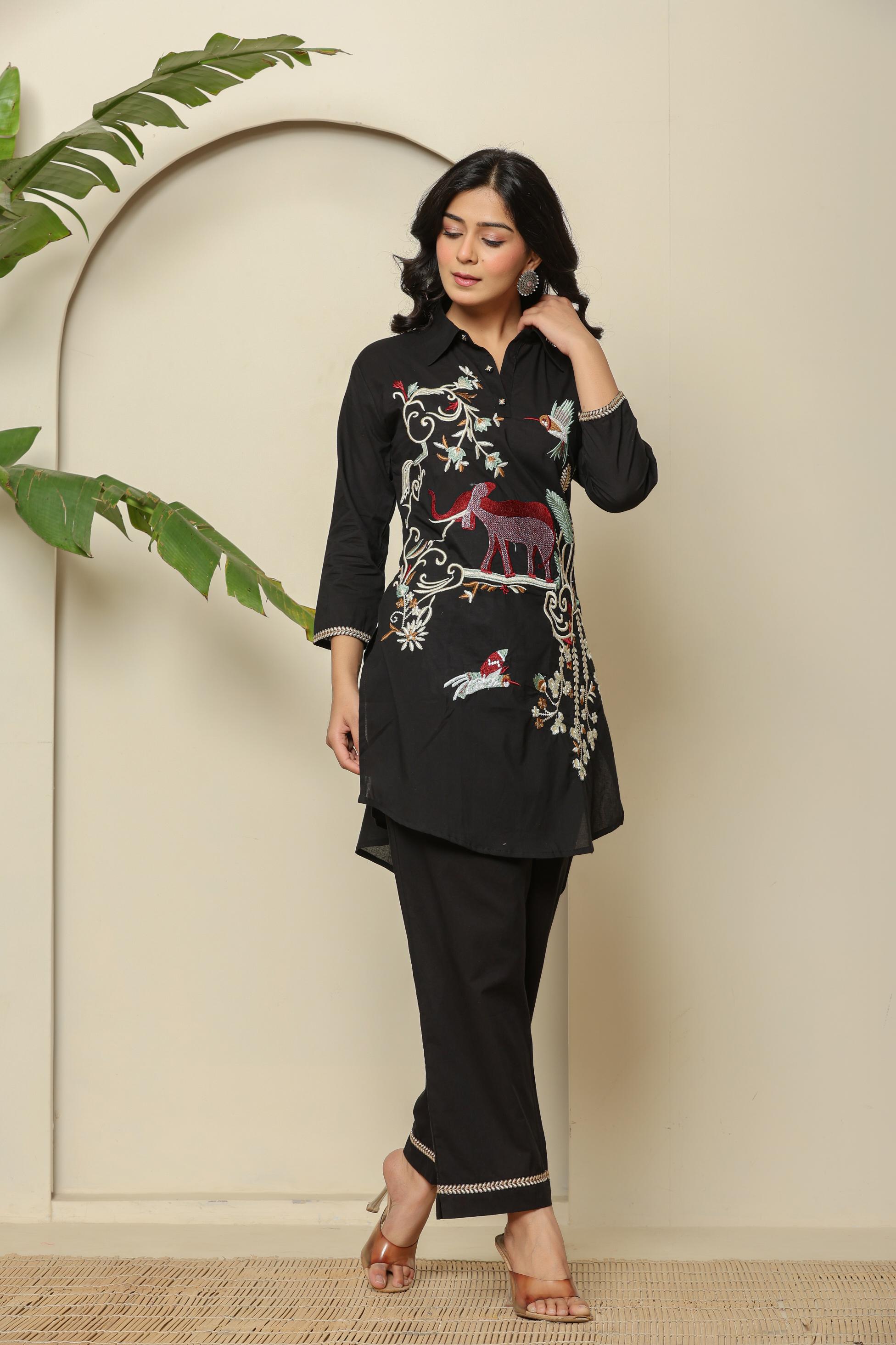 Black Embroidered Linen Co-Ord Set