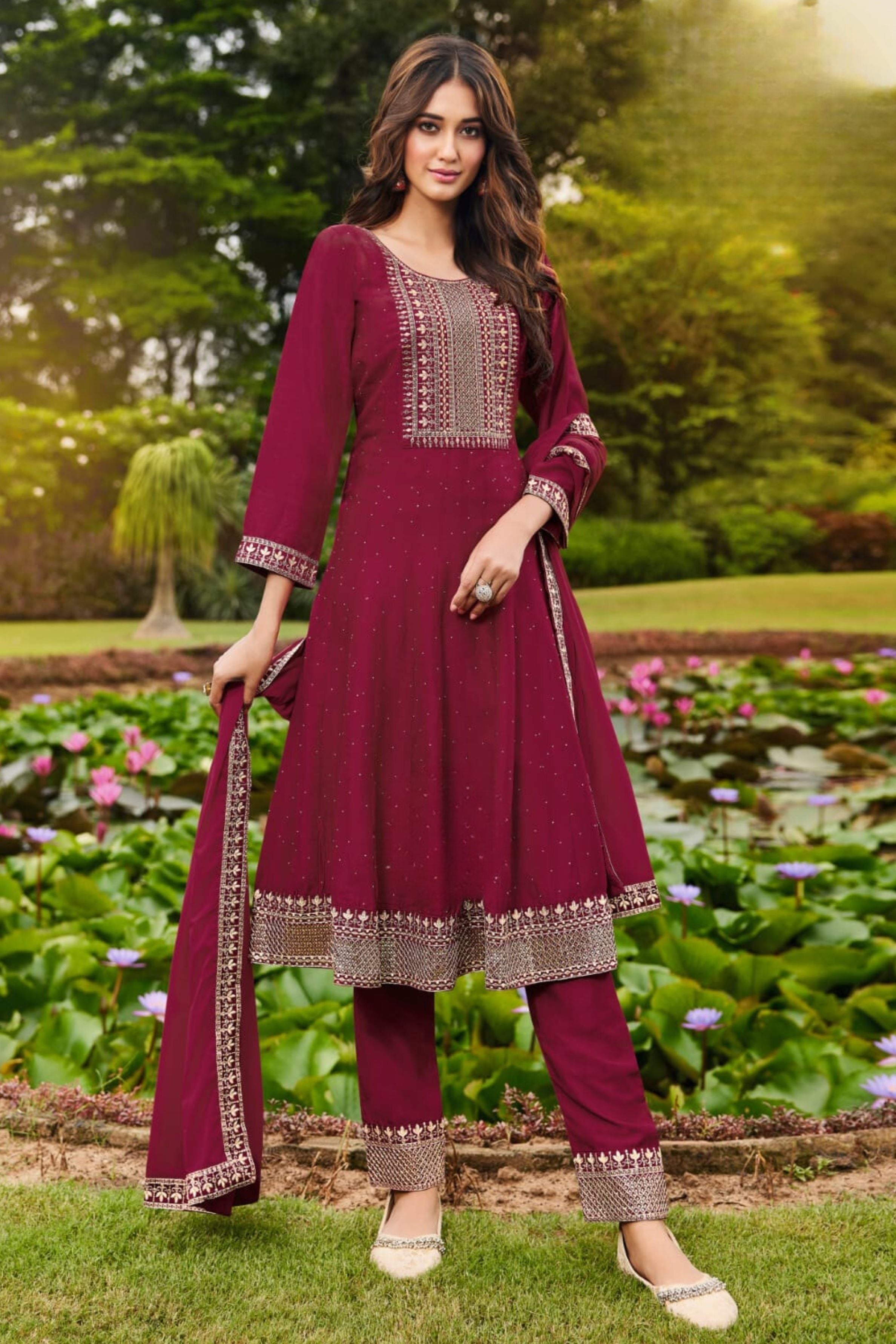 Dark Burgundy Embellished Premium Silk Anarkali Set