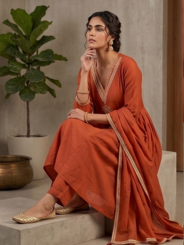 Rust Orange Mul Chanderi Silk Suit Set