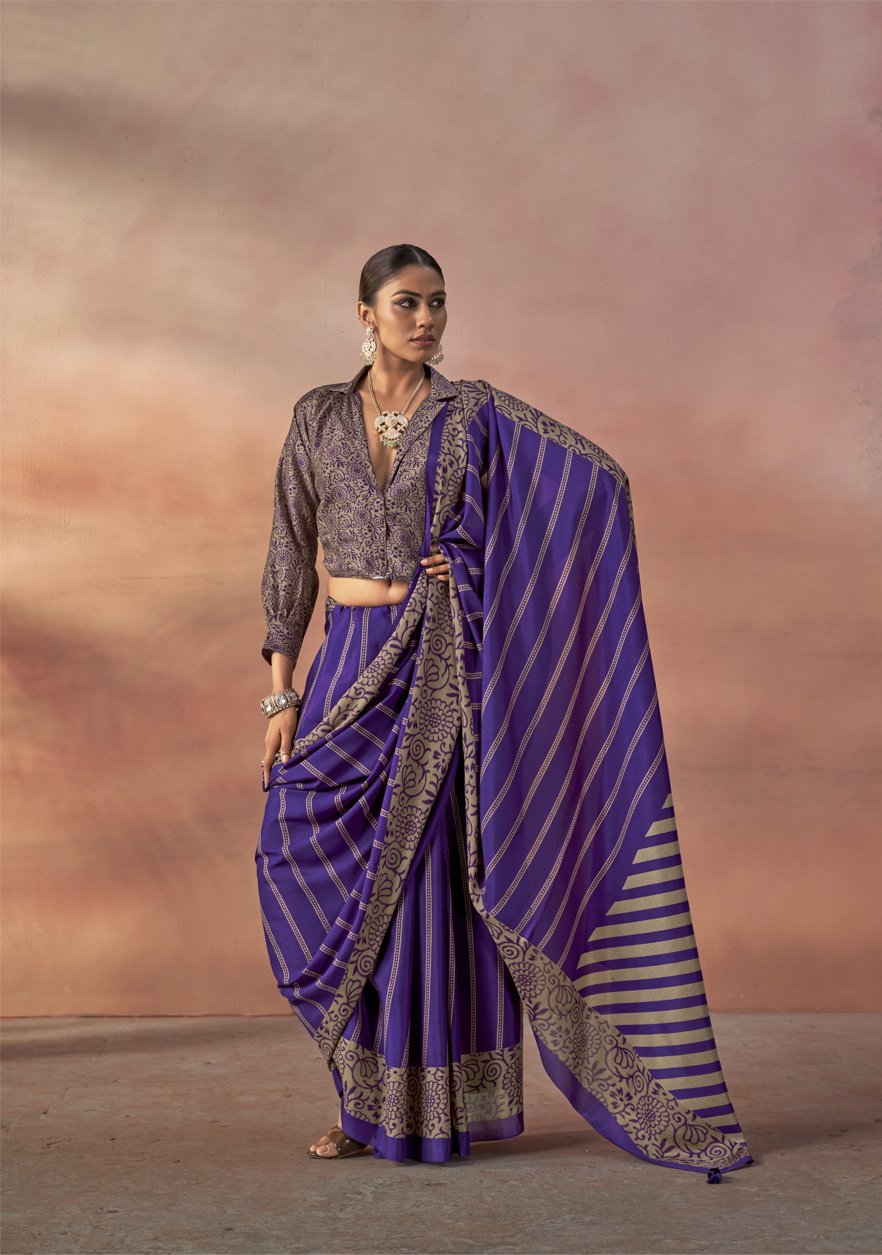 Royal Violet Printed Crepe Silk Saree
