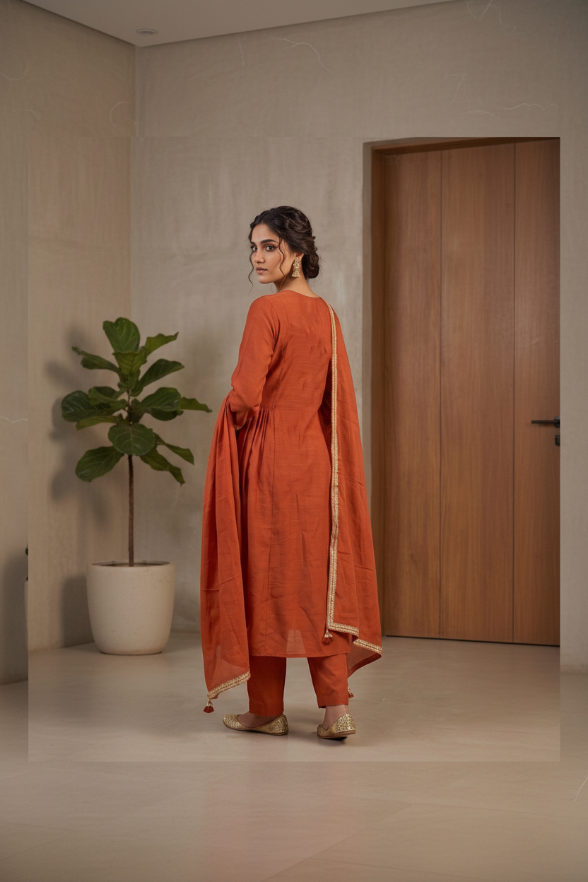 Rust Orange Mul Chanderi Silk Suit Set