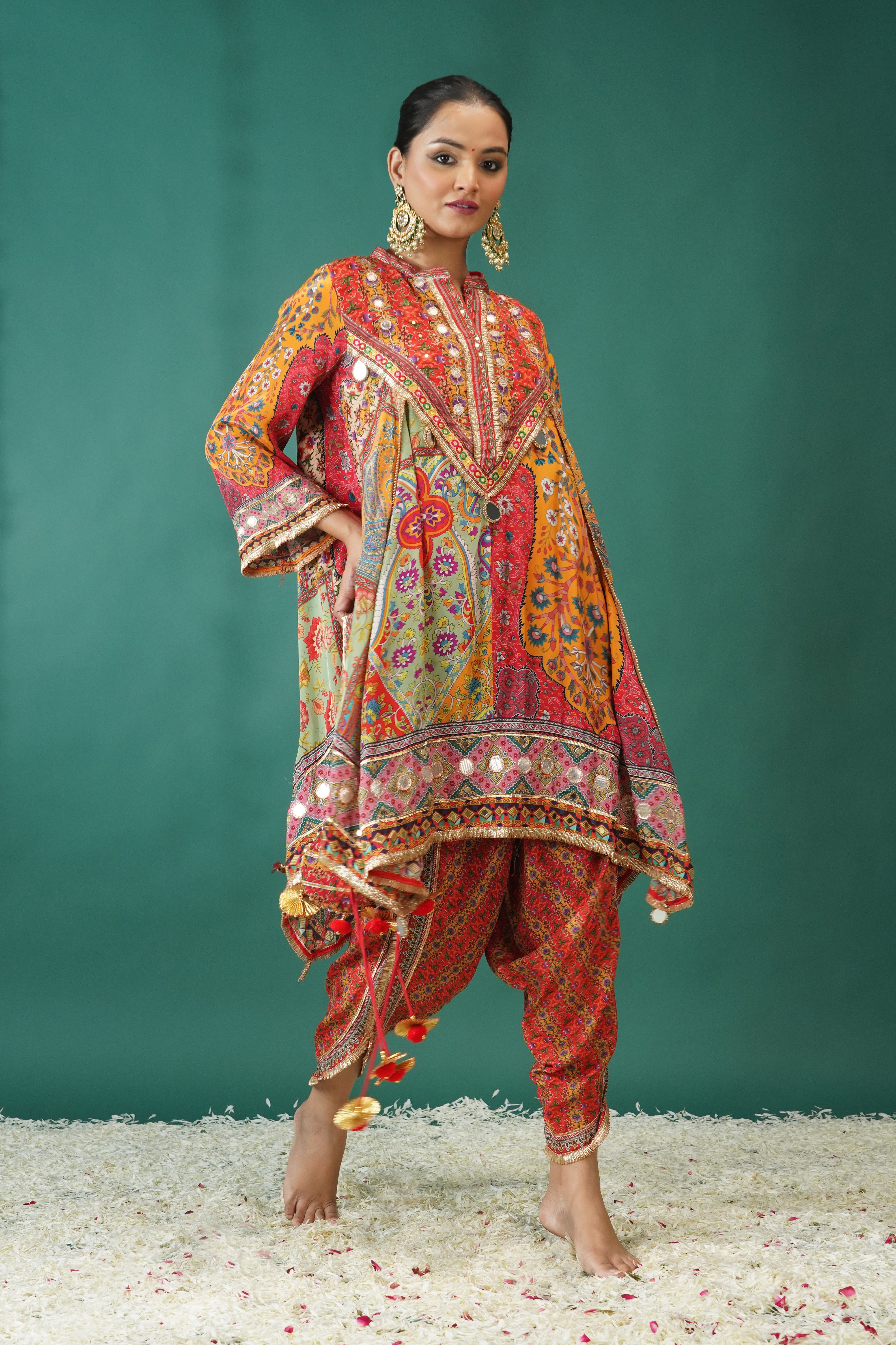 Orange Ethnic Printed Crepe Silk Dhoti Set