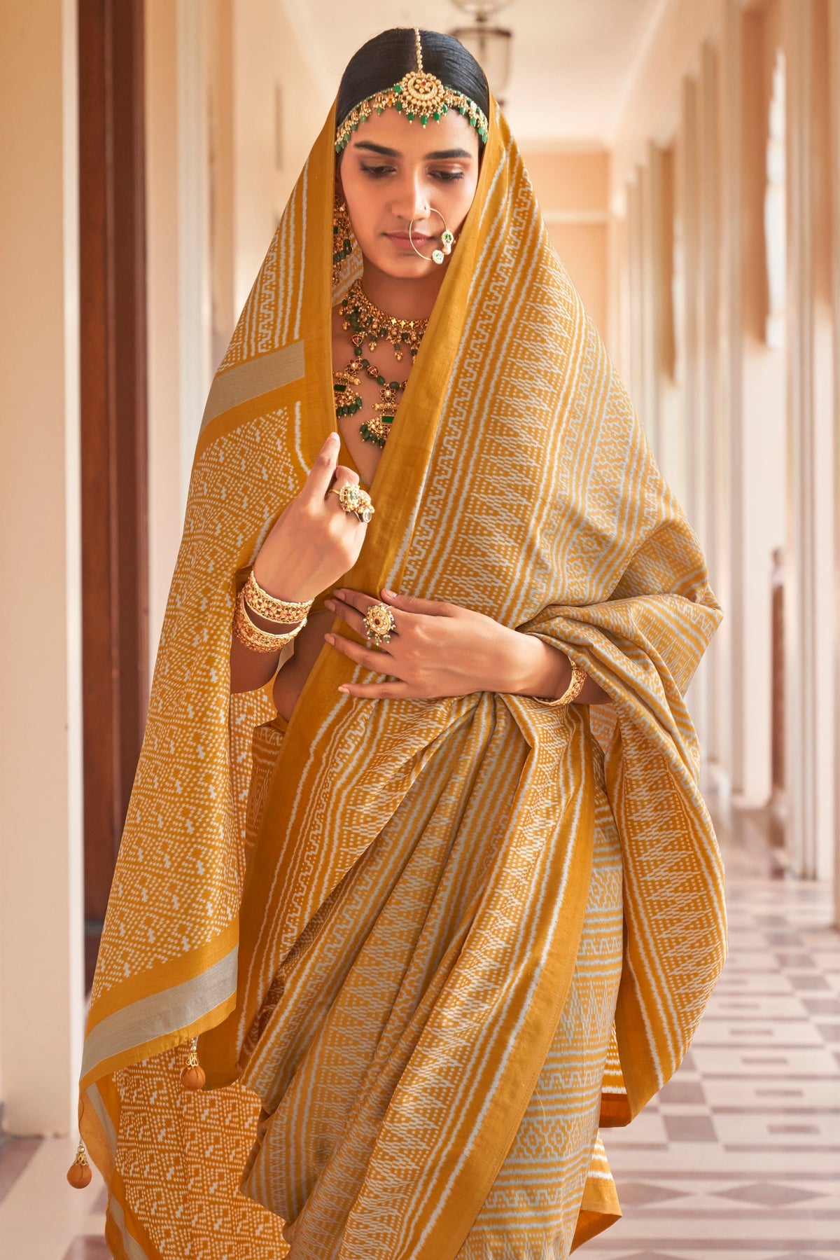 Mustard Yellow Printed Premium Silk Saree