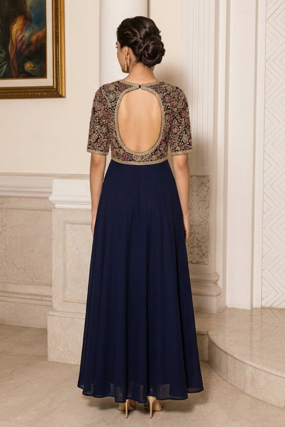 Deep Eclipse Blue Embellished Georgette Silk Anarkali Set