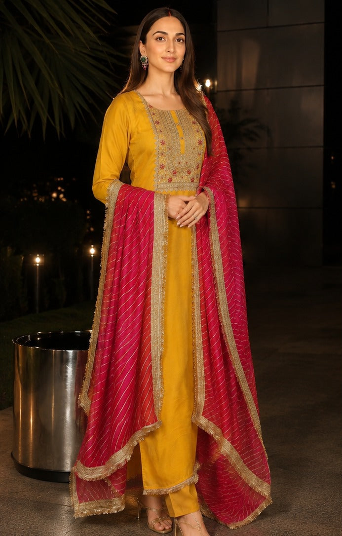 Yellow Amber Embellished Chinon Silk Pant Set