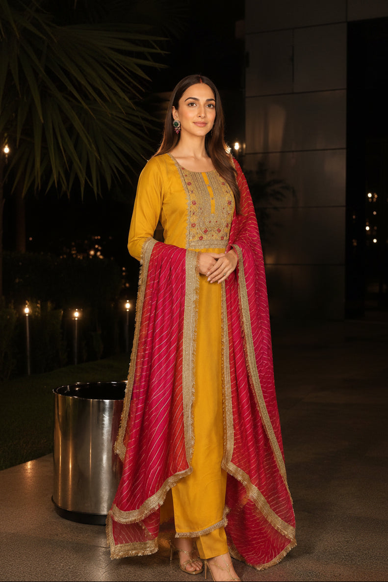 Yellow Amber Embellished Chinon Silk Pant Set