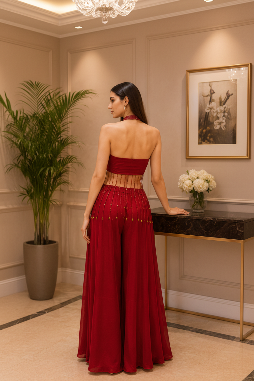 Red Fire Embellished Crepe Silk Palazzo Set