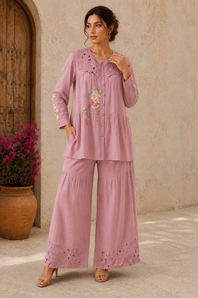 Dusty Mauve Embroidered Linen Co-Ord Set