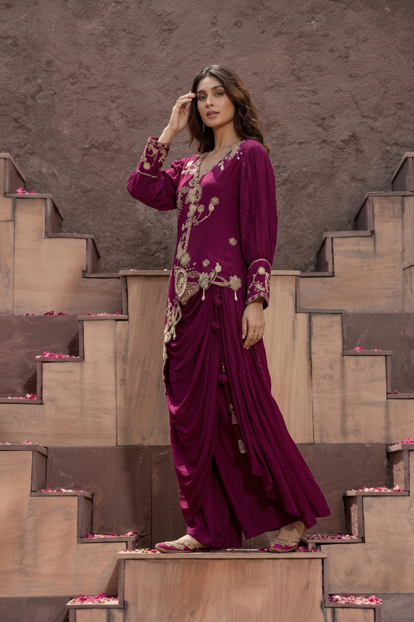 Grape Purple Embellished Crepe Silk Draped Skirt Set