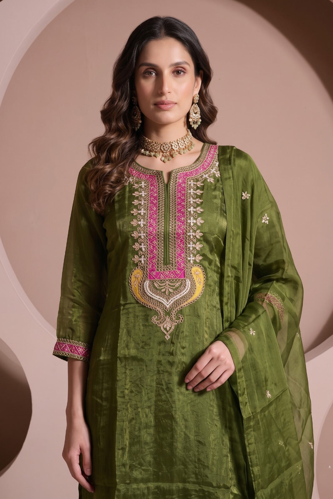 Rich Olive Embellished Organza Silk Palazzo Set