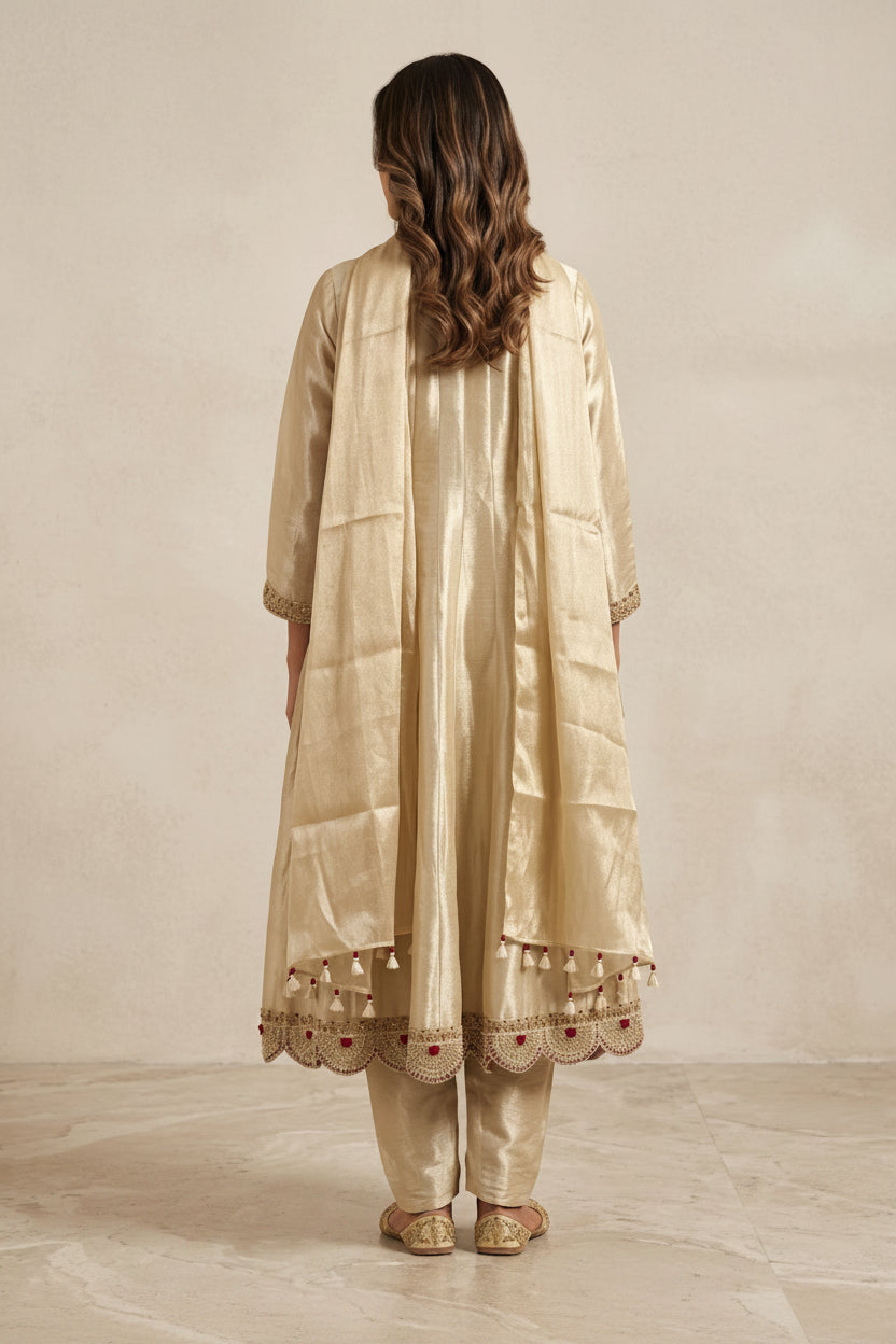Ivory Silver Embellished Shimmer Tissue Silk Anarkali Set