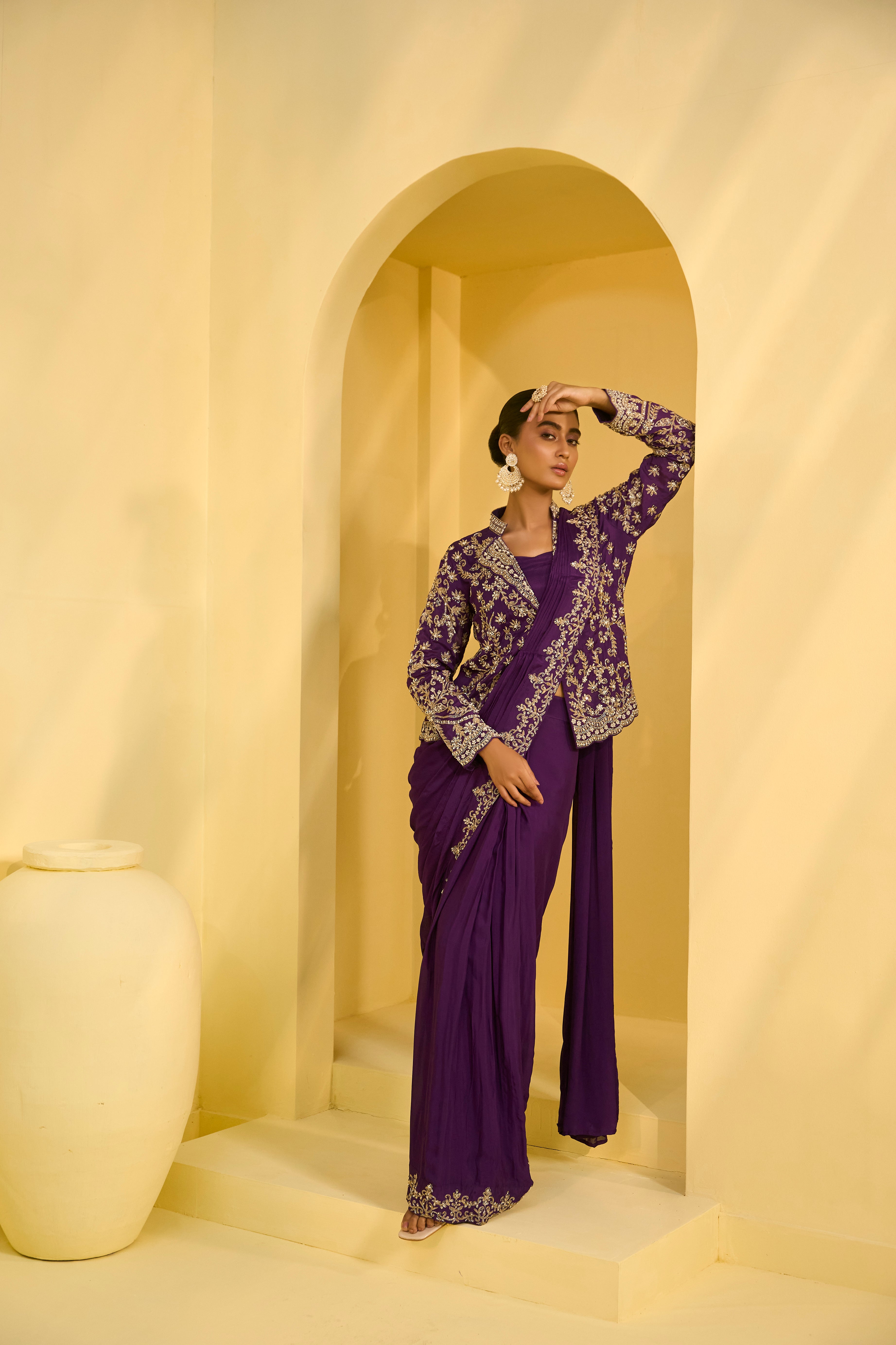 Imperial Purple Chinon Silk Draped Saree With Blazer