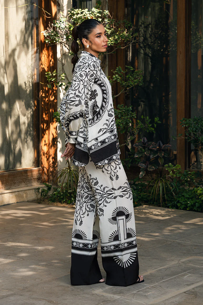 Black & White Digital Printed Soft Satin Silk Co-Ord Set