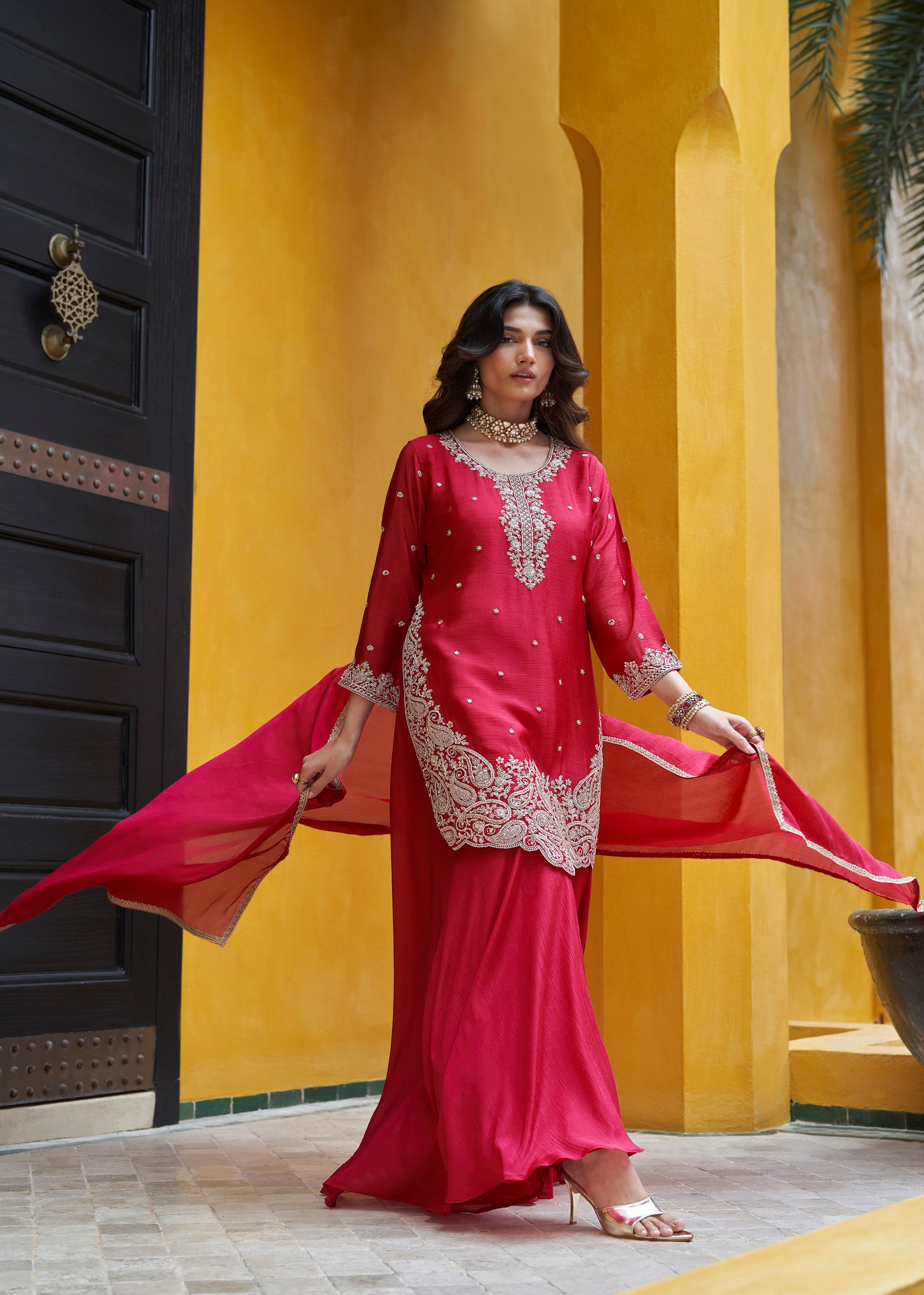 Crimson Pink Embellished Georgette Silk Skirt Set
