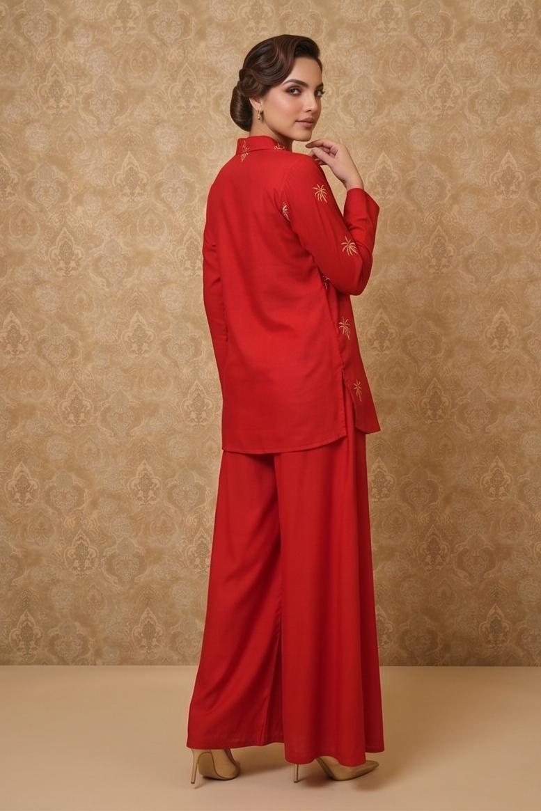 Rust Red Embellished Crepe Silk Co-Ord Set