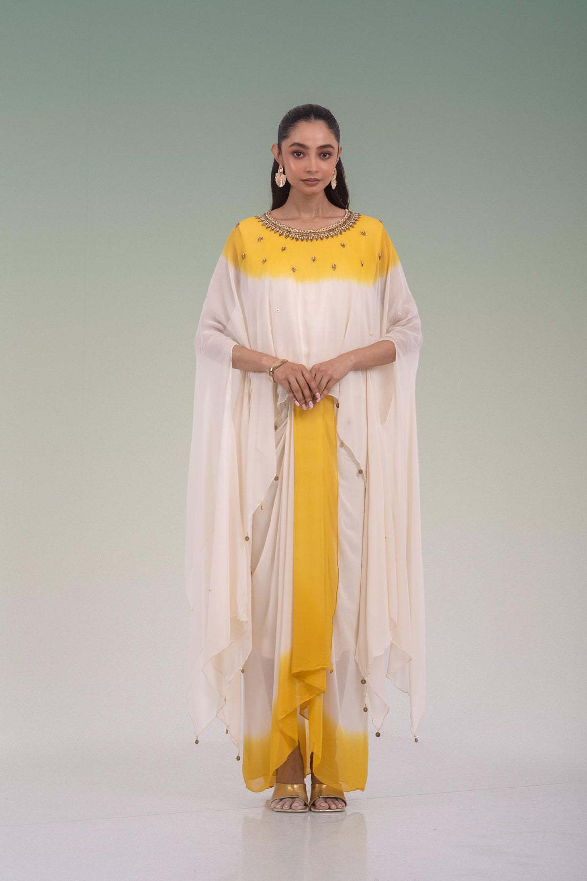 Ivory & Mustard Yellow Georgette Silk Skirt Set