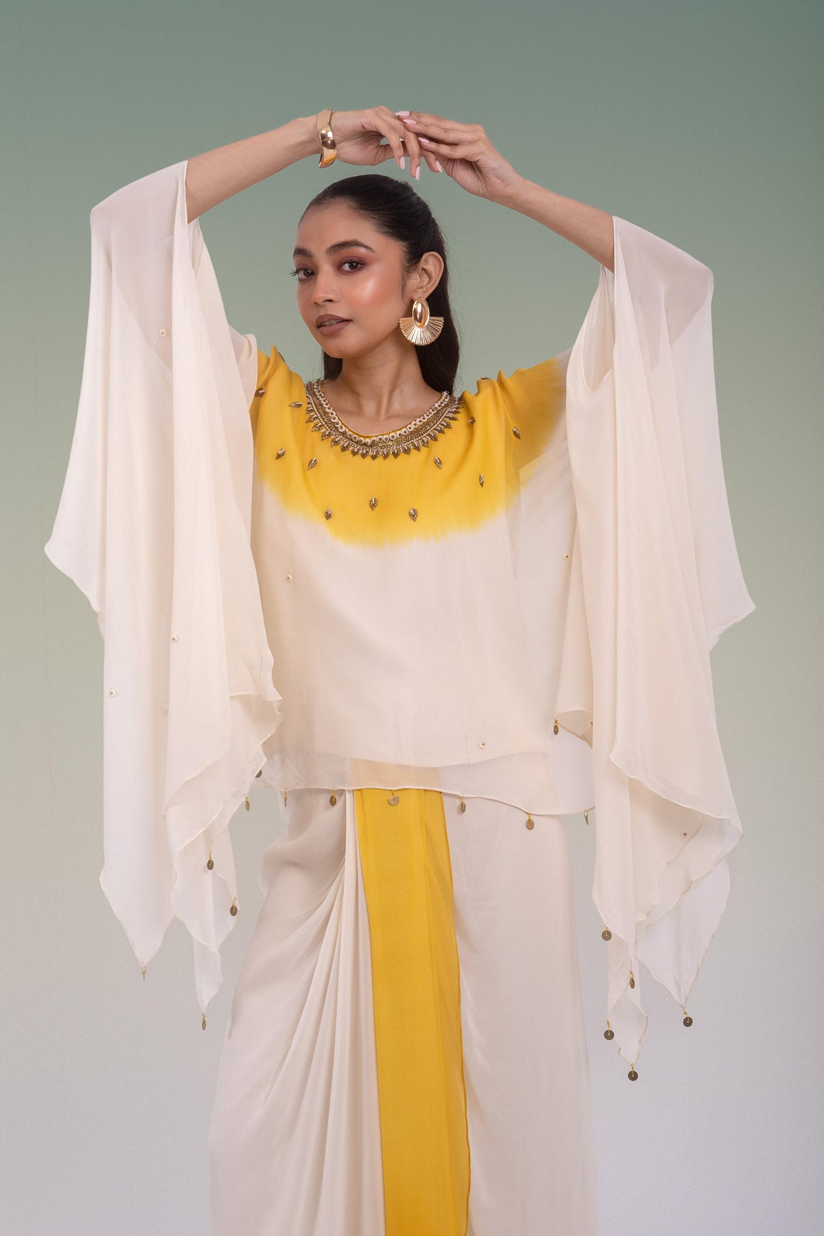 Ivory & Mustard Yellow Georgette Silk Skirt Set
