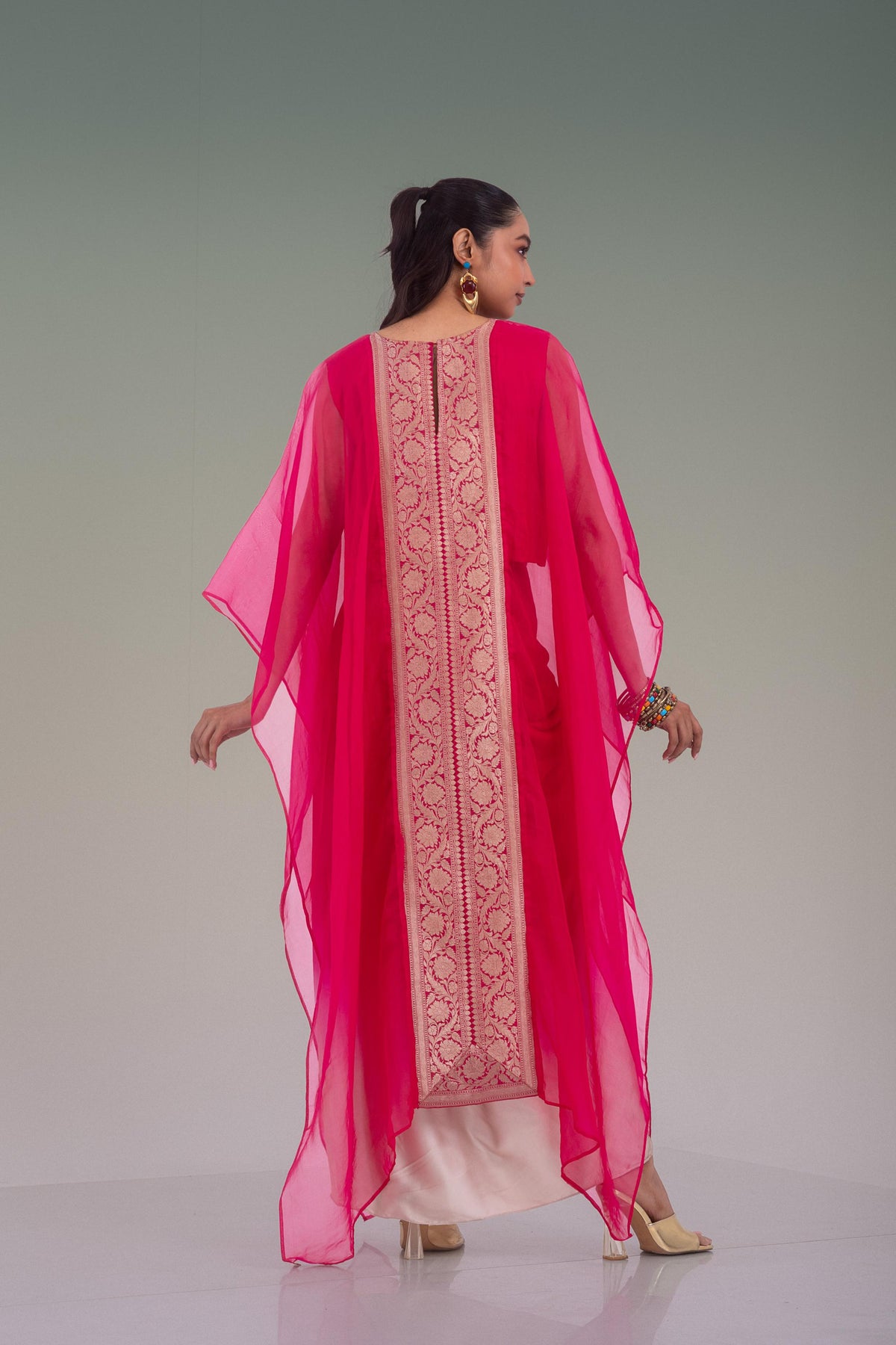 Rani Beige Ombre Embroidered Organza Silk Skirt Set