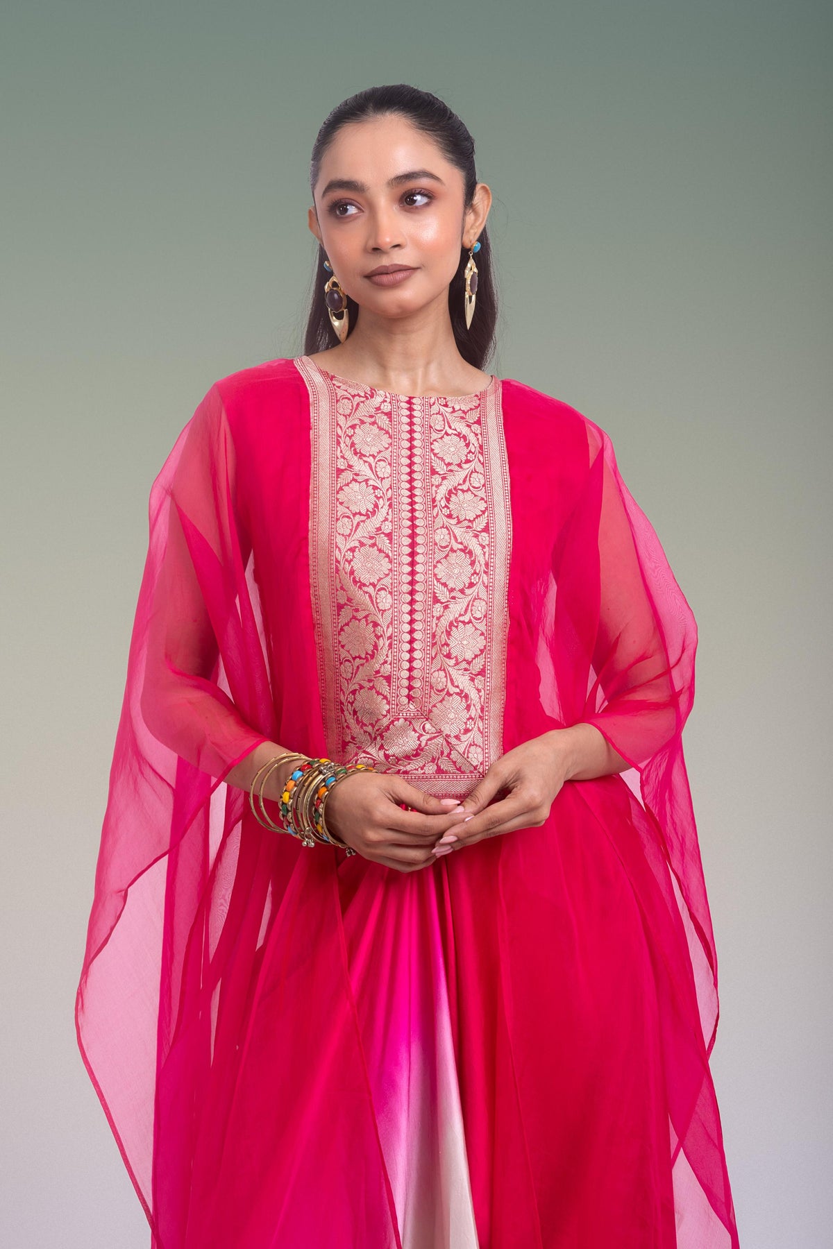 Rani Beige Ombre Embroidered Organza Silk Skirt Set
