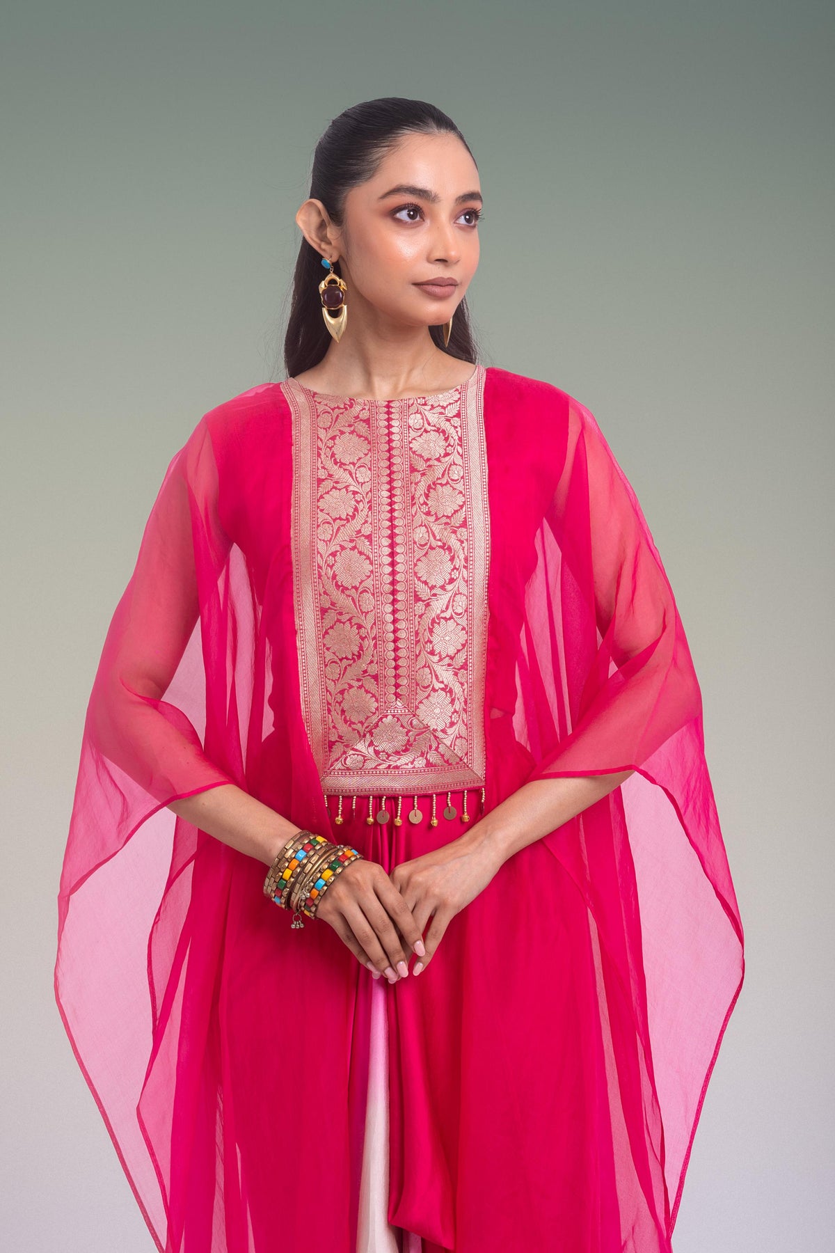 Rani Beige Ombre Embroidered Organza Silk Skirt Set