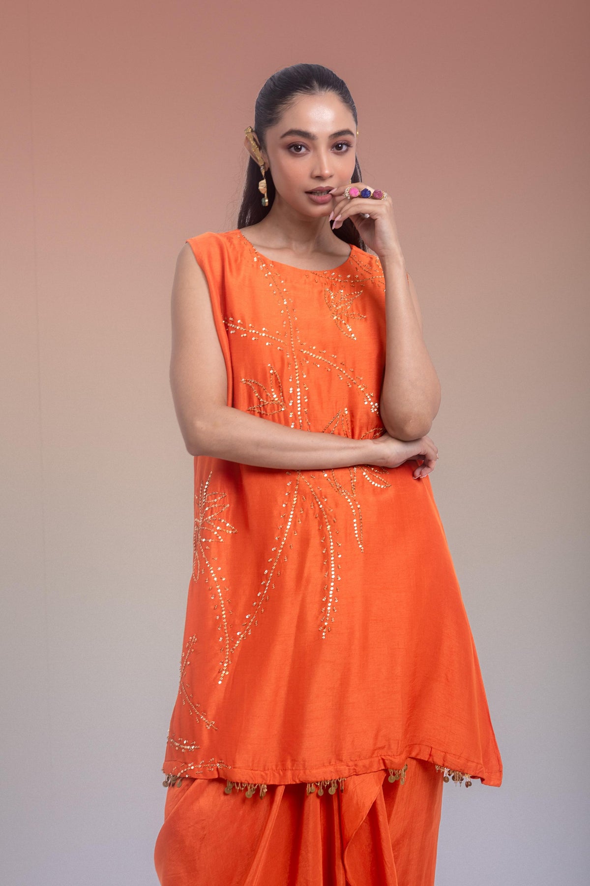 Sunset Orange Embellished Raw Silk Skirt Set