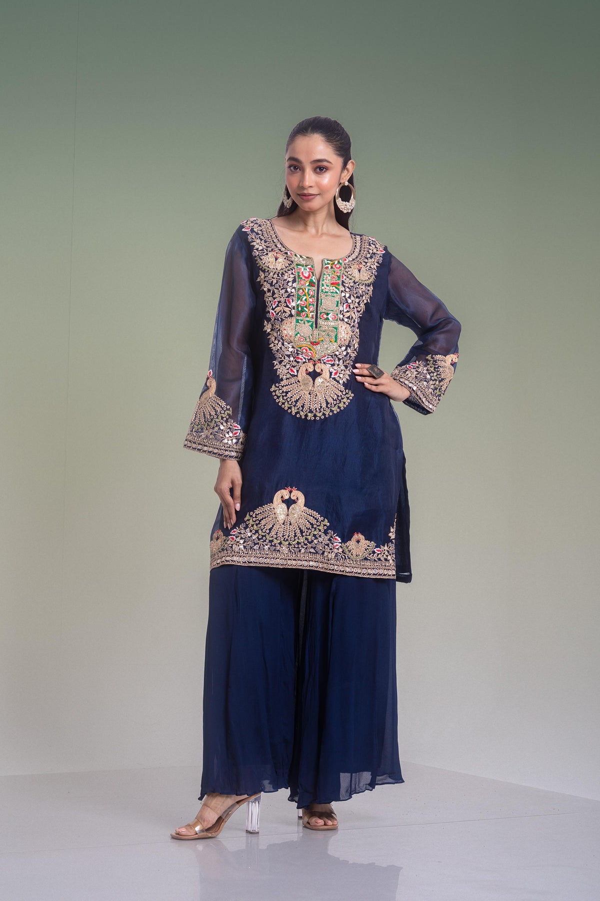 Deep Midnight Blue Embellished Organza Silk Palazzo Set