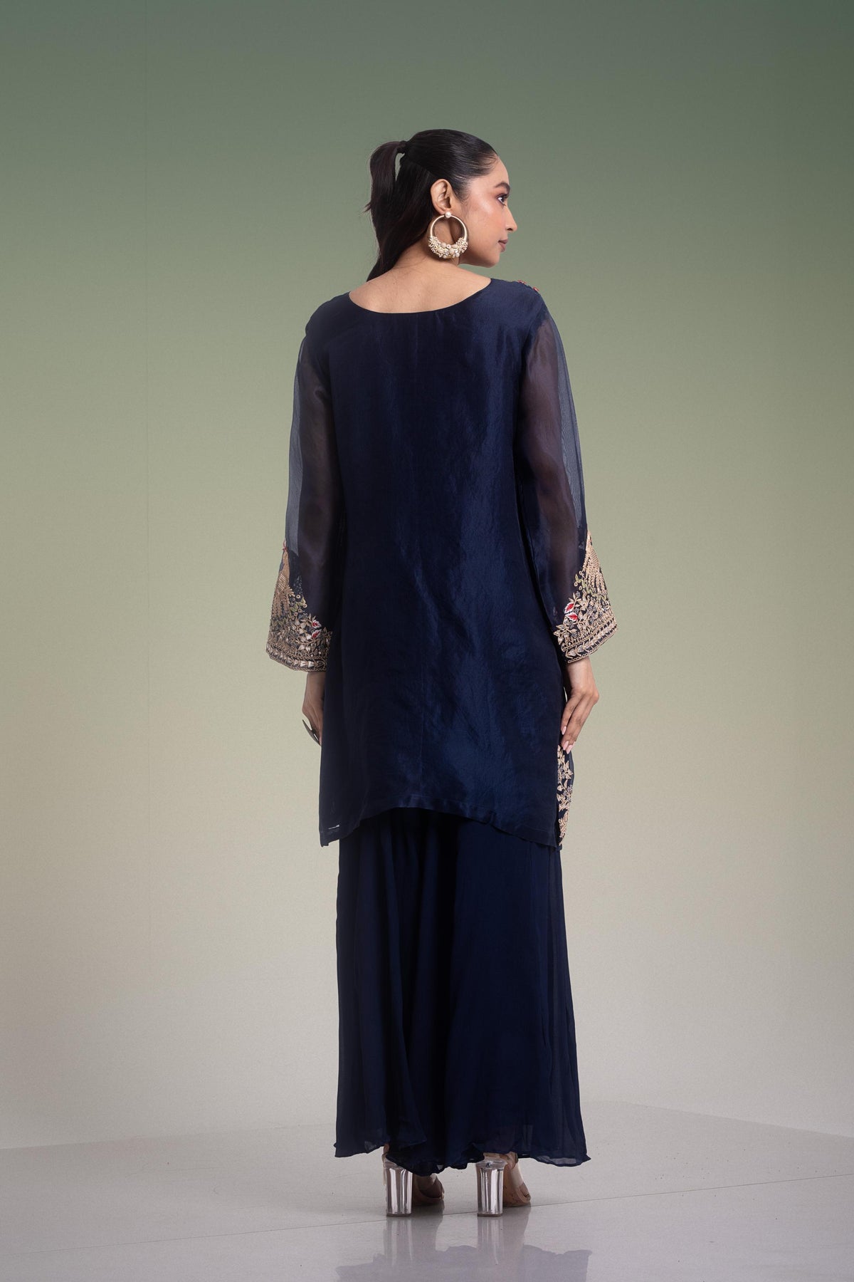Deep Midnight Blue Embellished Organza Silk Palazzo Set