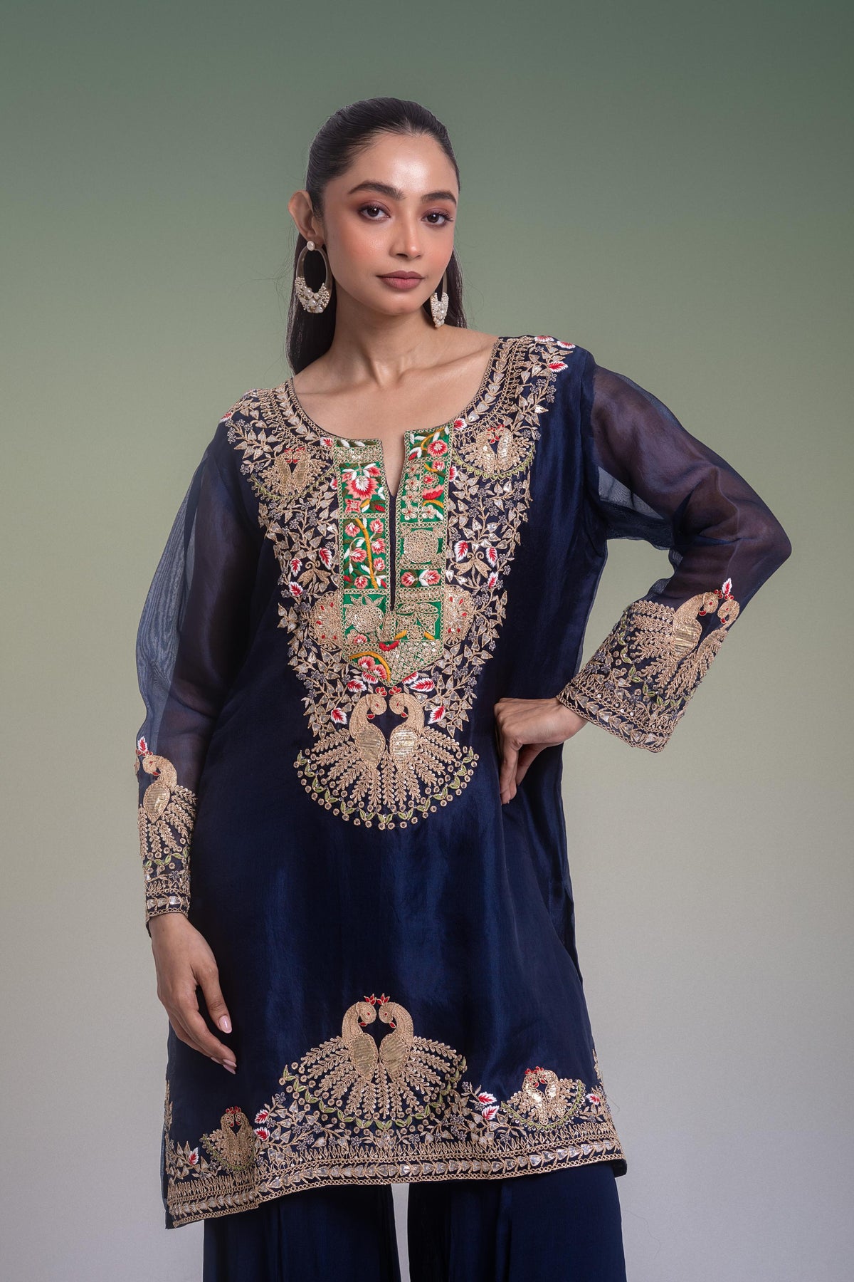 Deep Midnight Blue Embellished Organza Silk Palazzo Set