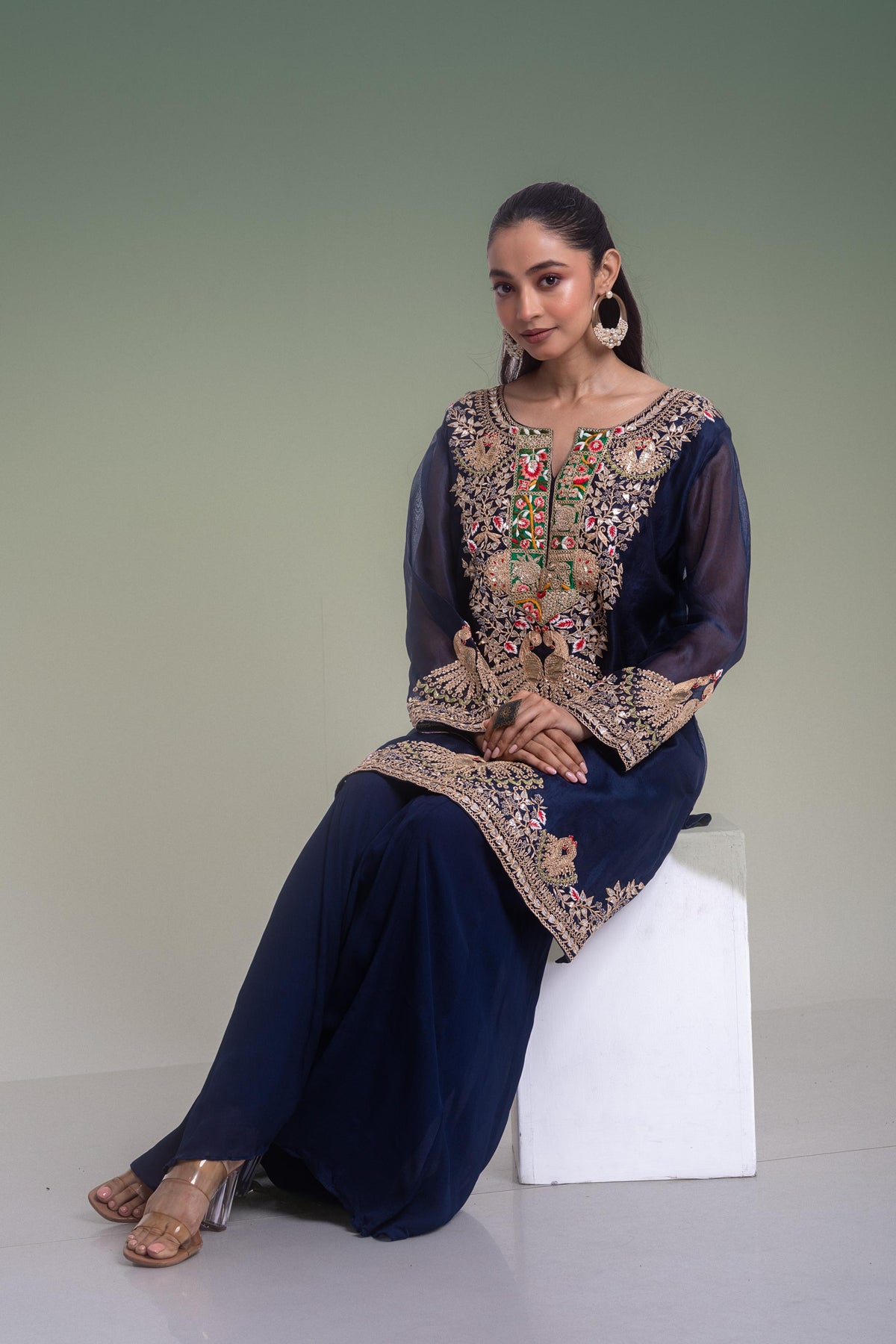Deep Midnight Blue Embellished Organza Silk Palazzo Set